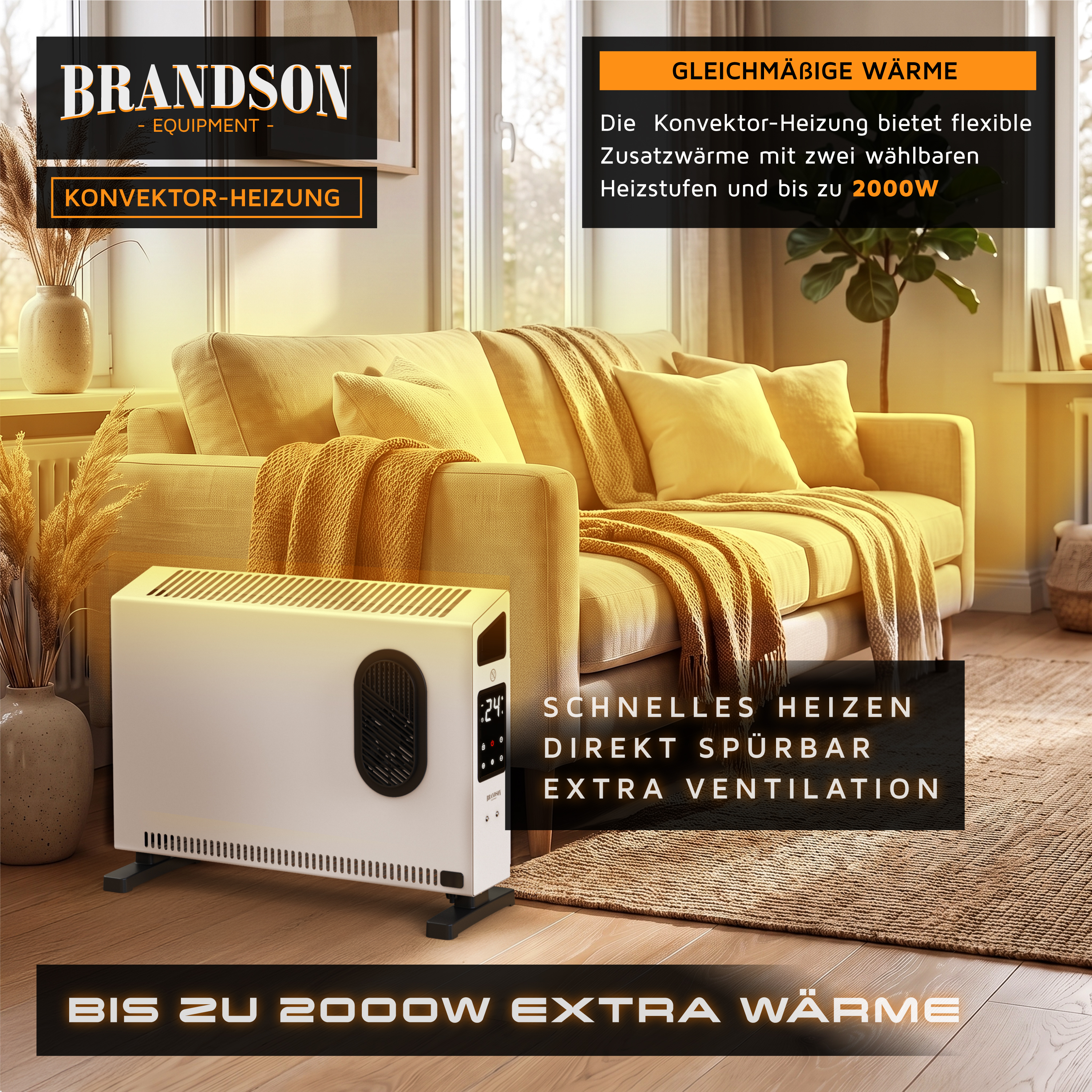 Brandson-Konvektorheizung im weißen, rechteckigen Design mit schwarzem seitlichem Bedienfeld und Digitalanzeige, platziert in einem gemütlichen Wohnzimmerambiente.