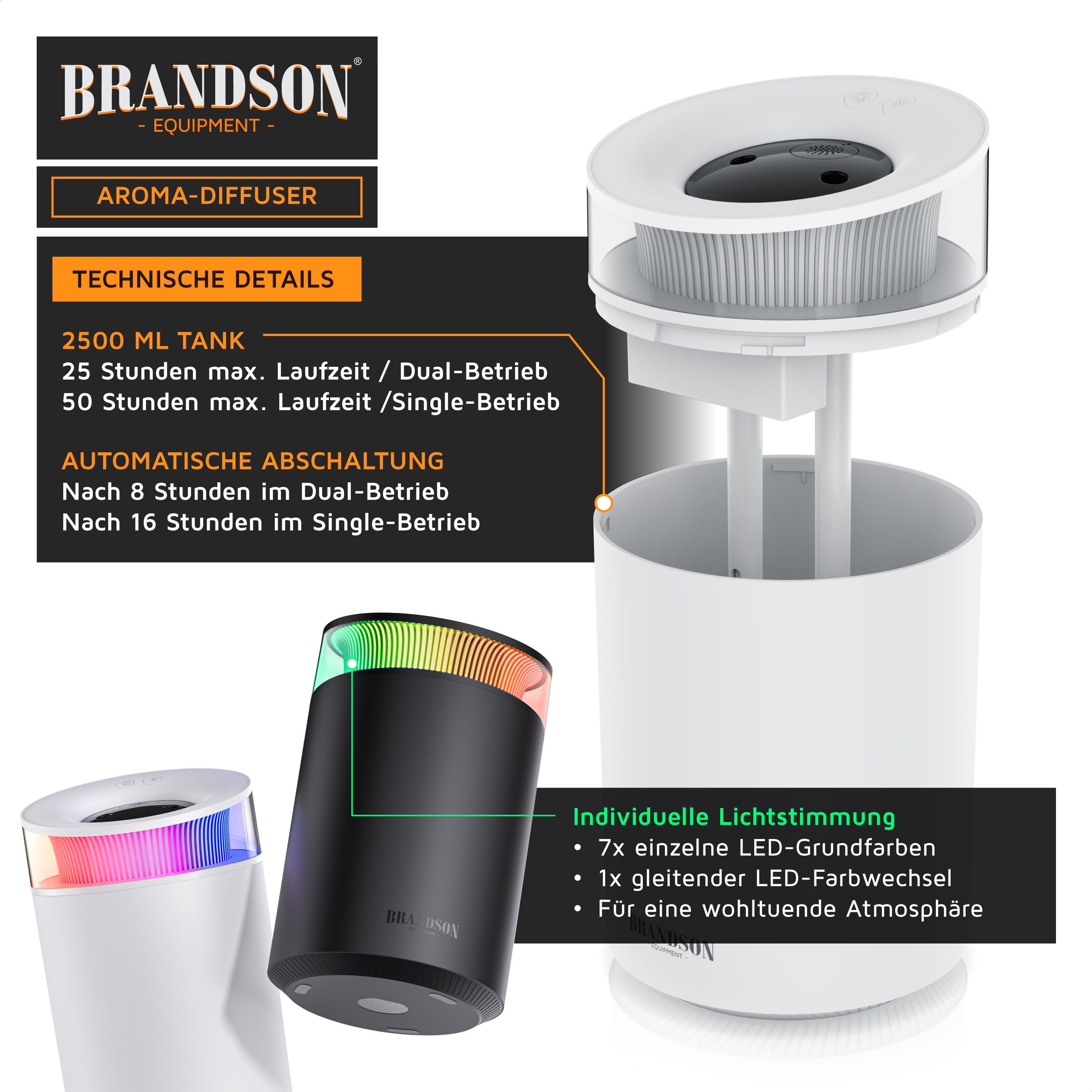 Brandson Aromadiffusor mit 2500-ml-Tank, elegantem weißem Design, LED-Farboptionen und automatischer Abschaltfunktion.