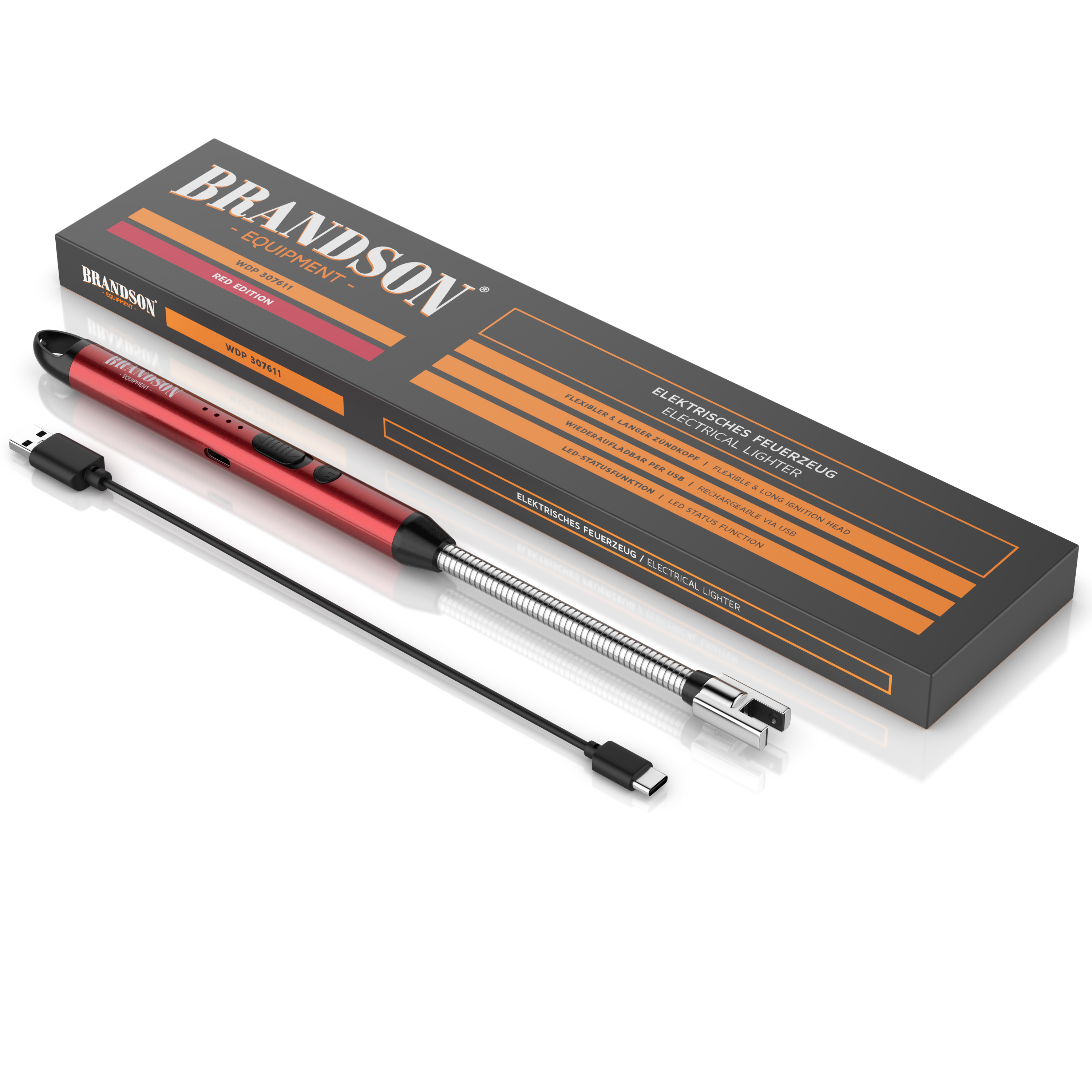 Brandson elektrisches Feuerzeug in Rot mit flexiblem Hals, USB-Ladekabel und Verpackung, ideal für den Einsatz im Haushalt.