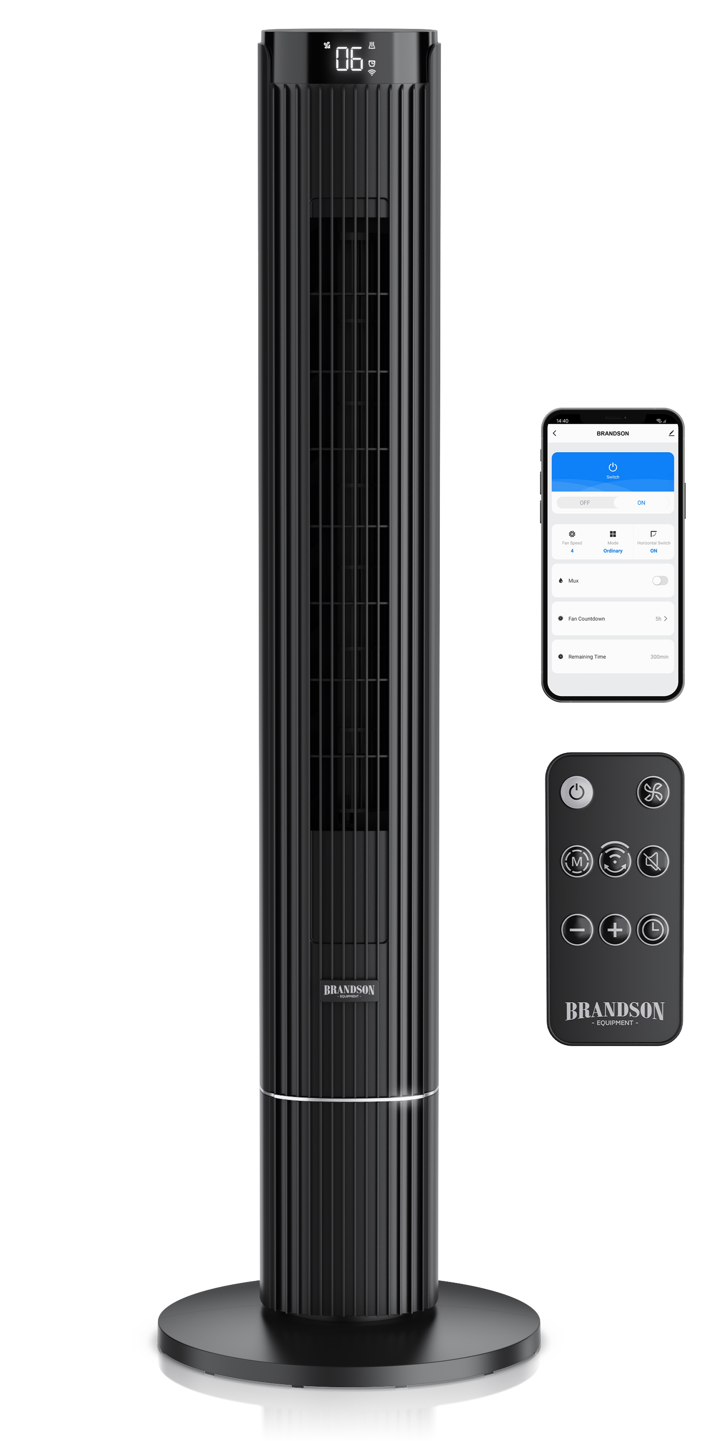 Brandson Turmventilator in Schwarz mit elegantem Design, Digitalanzeige, Fernbedienung und stabilem Standfuß.
