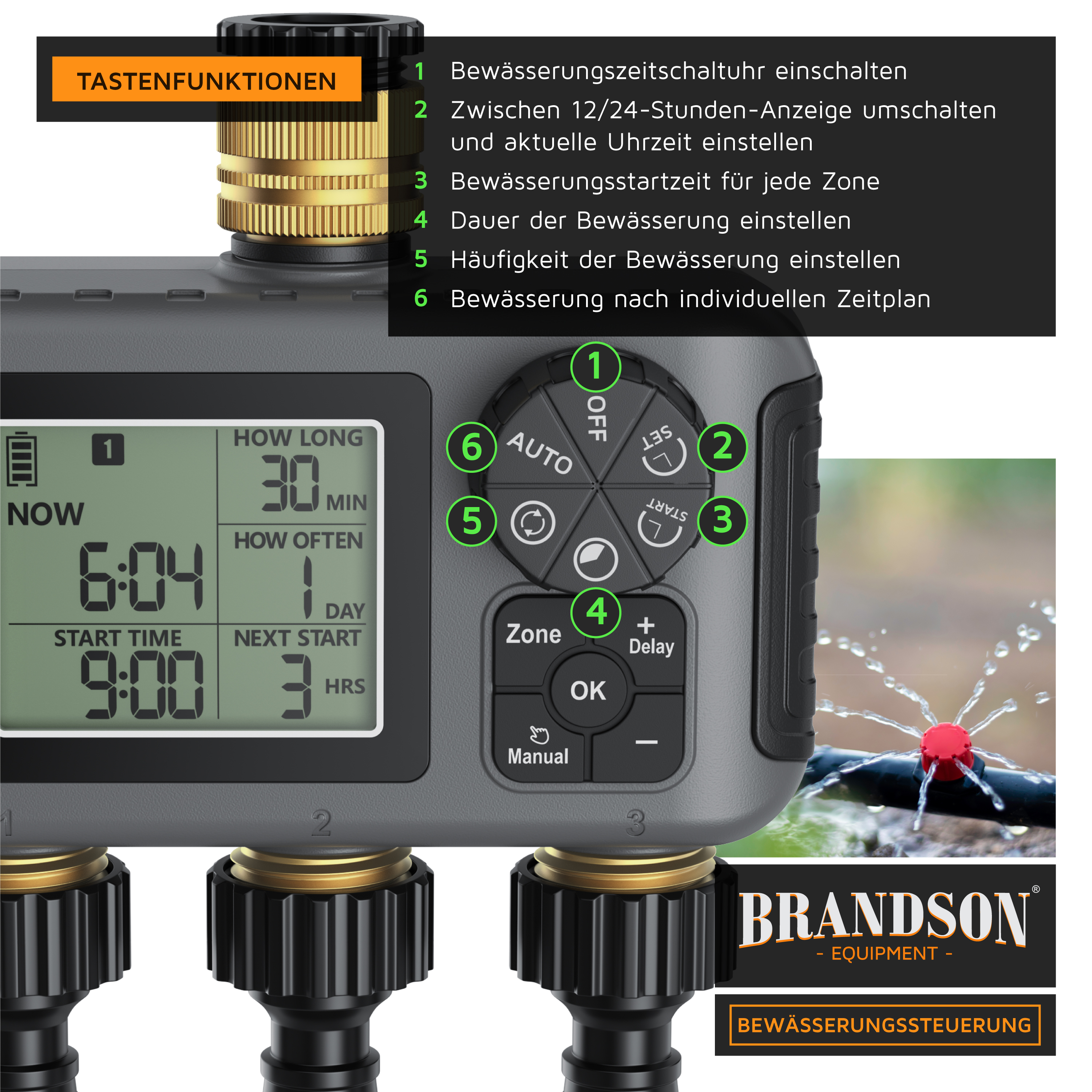 Brandson Bewässerungssteuerung mit digitalem Display, Tastenfeld und Anschluss für Schläuche, ideal für die automatische Gartenbewässerung.