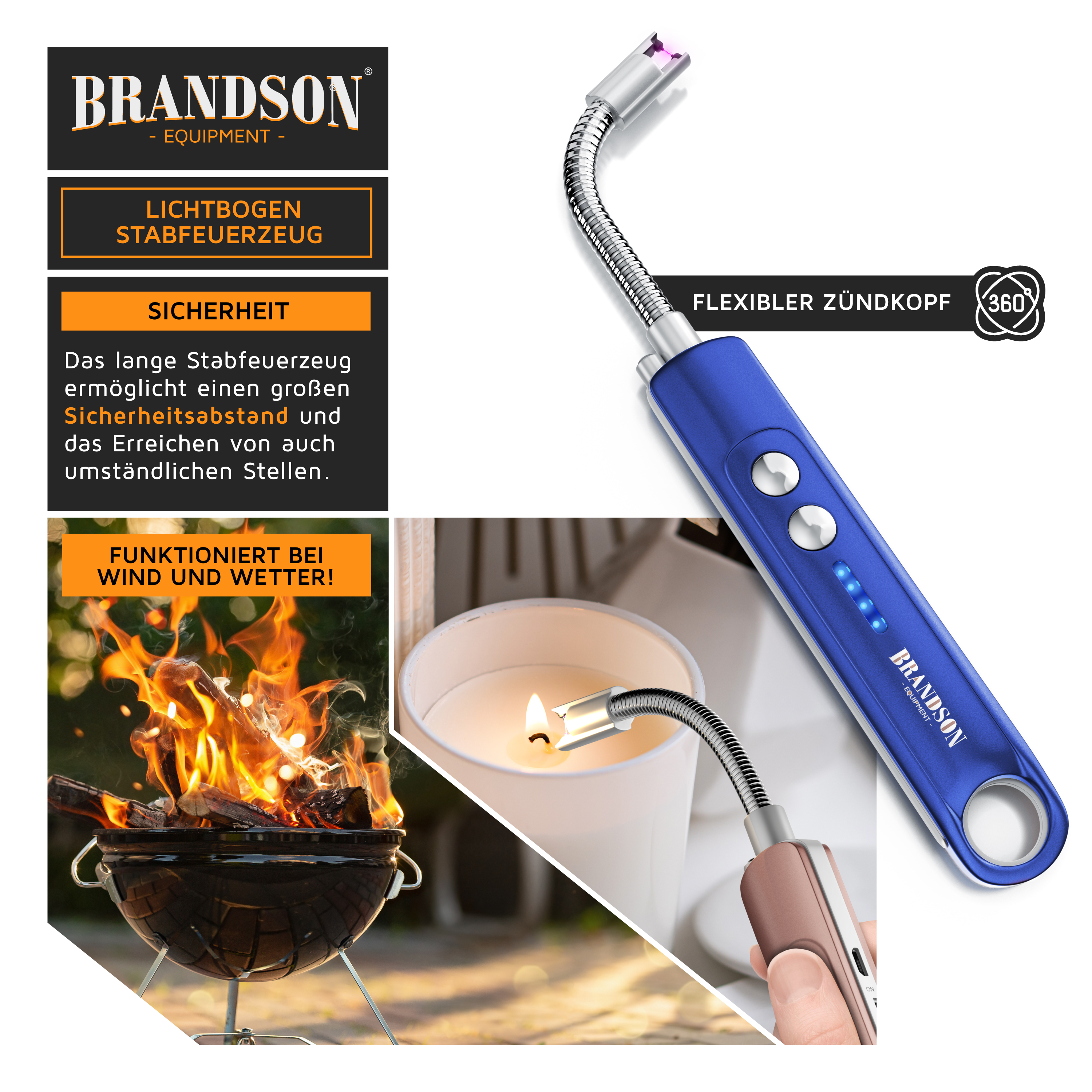 Brandson Lichtbogen-Stabfeuerzeug in Blau mit flexiblem Zündkopf und Bedienfeld, geeignet für Wind und Wetter.
