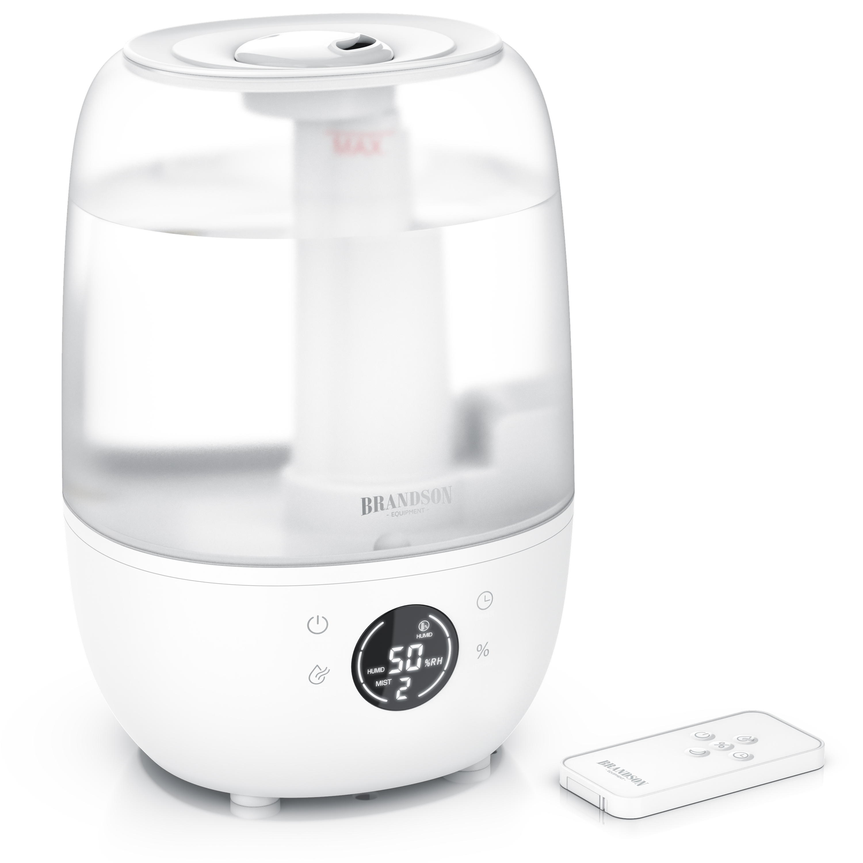 Luftbefeuchter von Brandson in Weiß mit transparentem Wassertank, Digitalanzeige und Fernbedienung für einfache Bedienung.