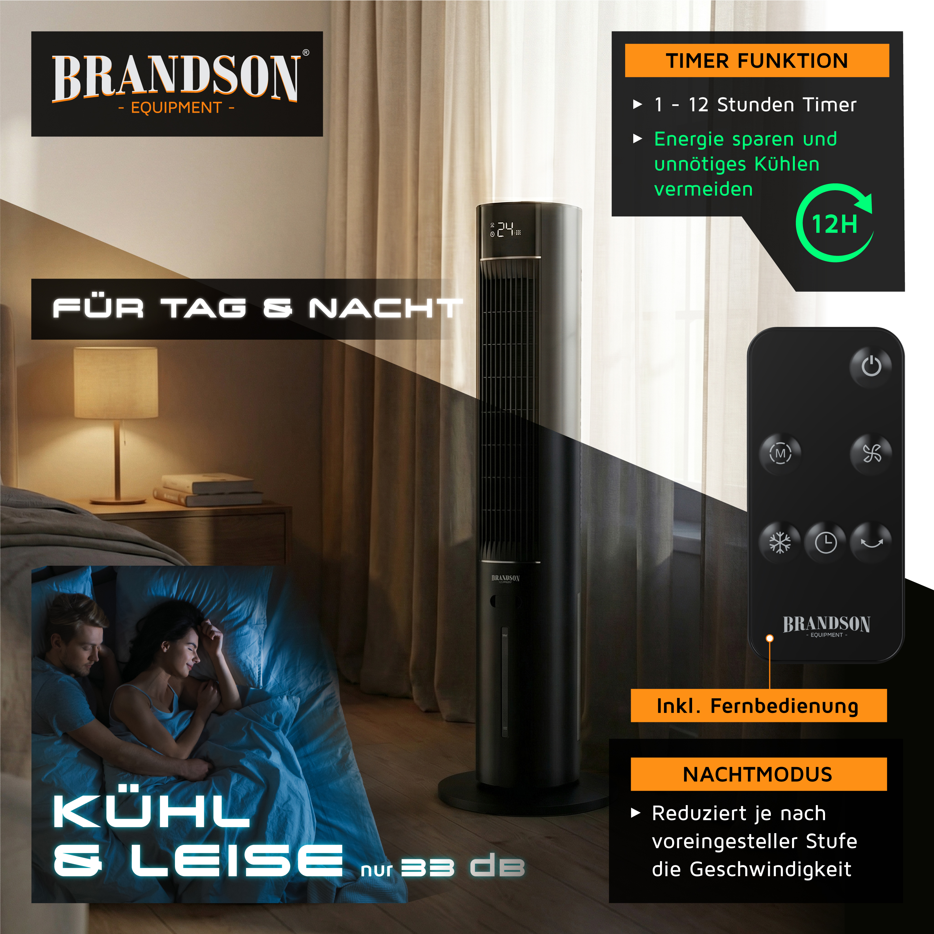 Brandson Turmventilator in Schwarz mit Digitalanzeige und Fernbedienung, konzipiert für einen leisen Betrieb in der Nacht, platziert in einem gemütlichen Schlafzimmerambiente.