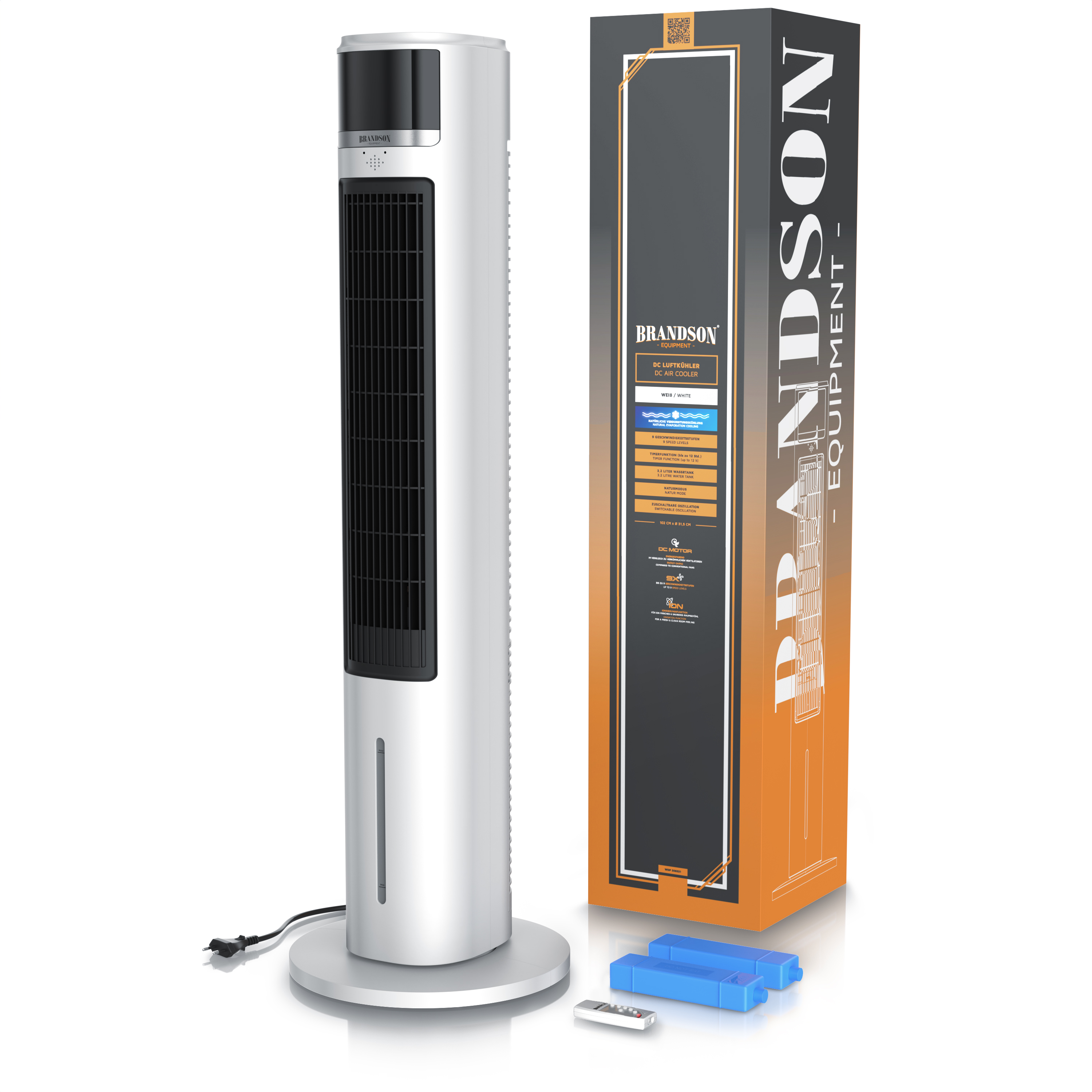 Brandson-Turmventilator in Silber mit elegantem Design, Fernbedienung und verpackt in einer Markenbox.