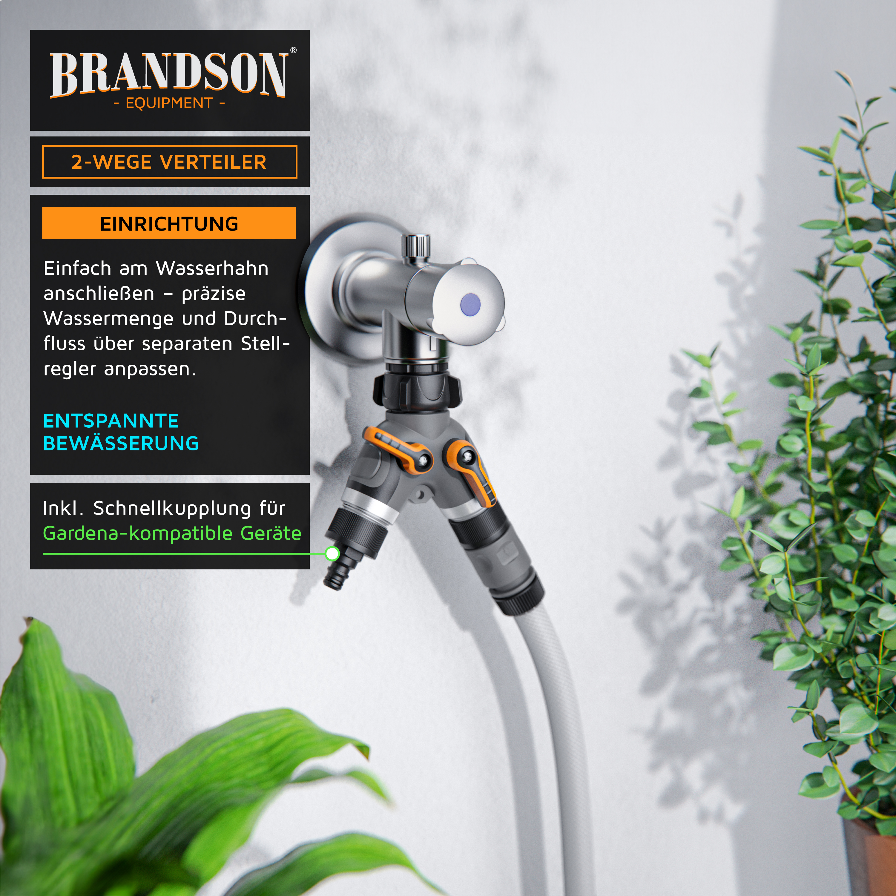 Brandson 2-Wege-Verteiler mit separatem Stellregler, grauem und orangefarbenem Kunststoff, an einer Wand montiert, für präzise Bewässerung.