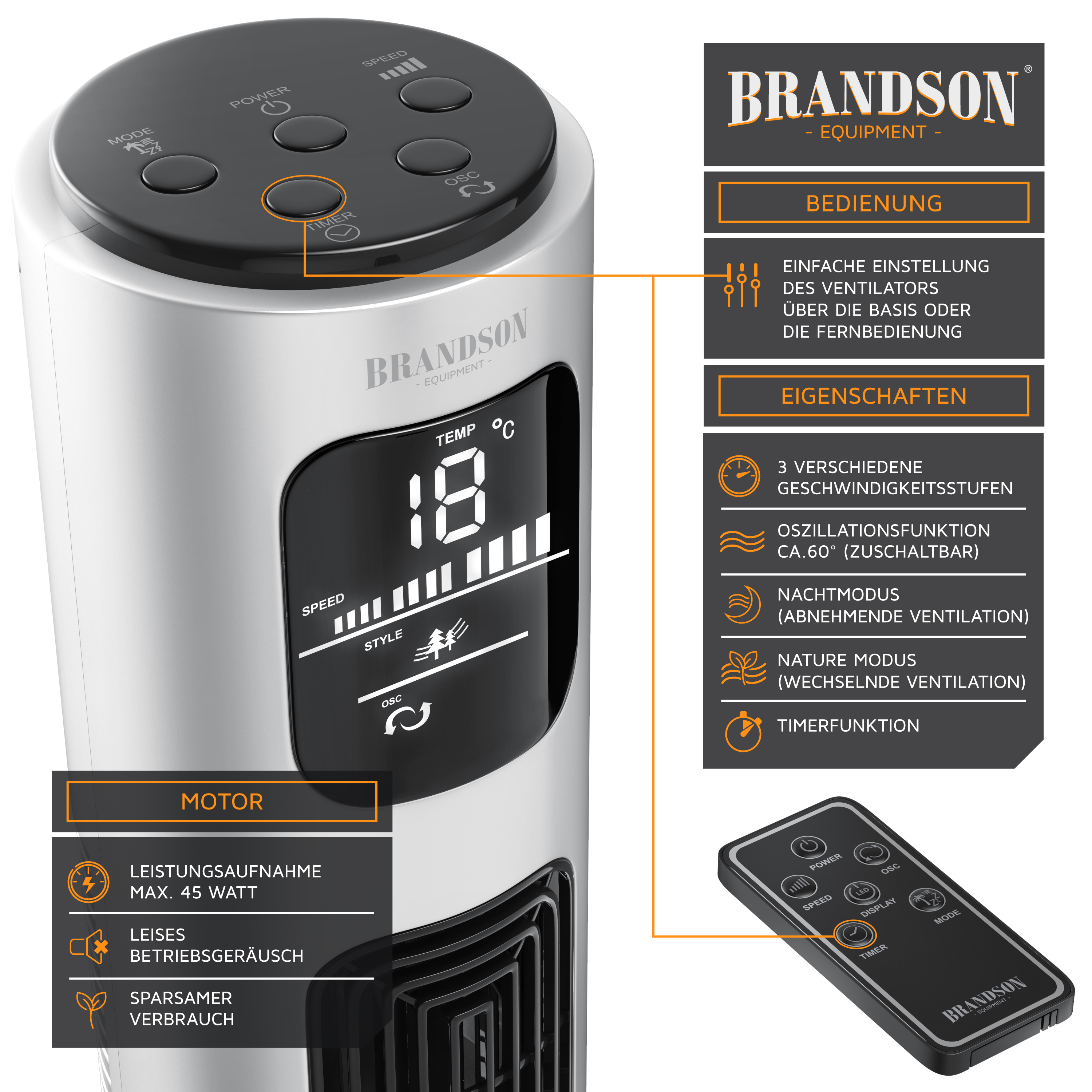 Turmventilator von Brandson mit elegantem Design, Digitalanzeige, Touch-Bedienfeld und Fernbedienung für einfache Bedienung.