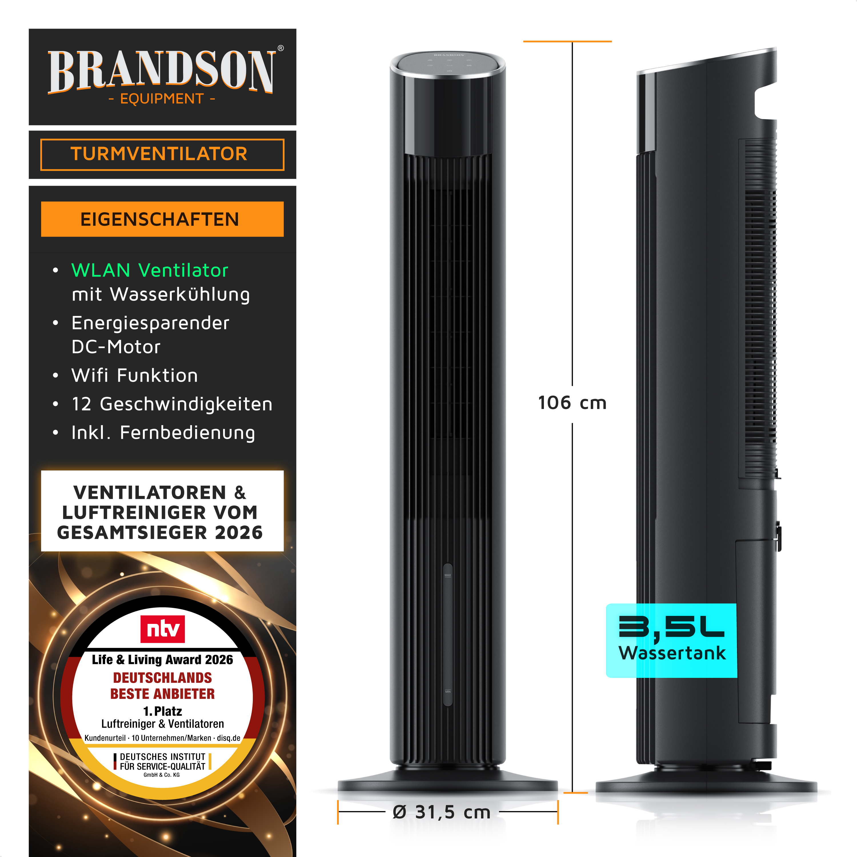 Brandson Turmventilator in Schwarz mit Wasserfunktion, 106 cm hoch, inklusive Fernbedienung und Bedienfeld.