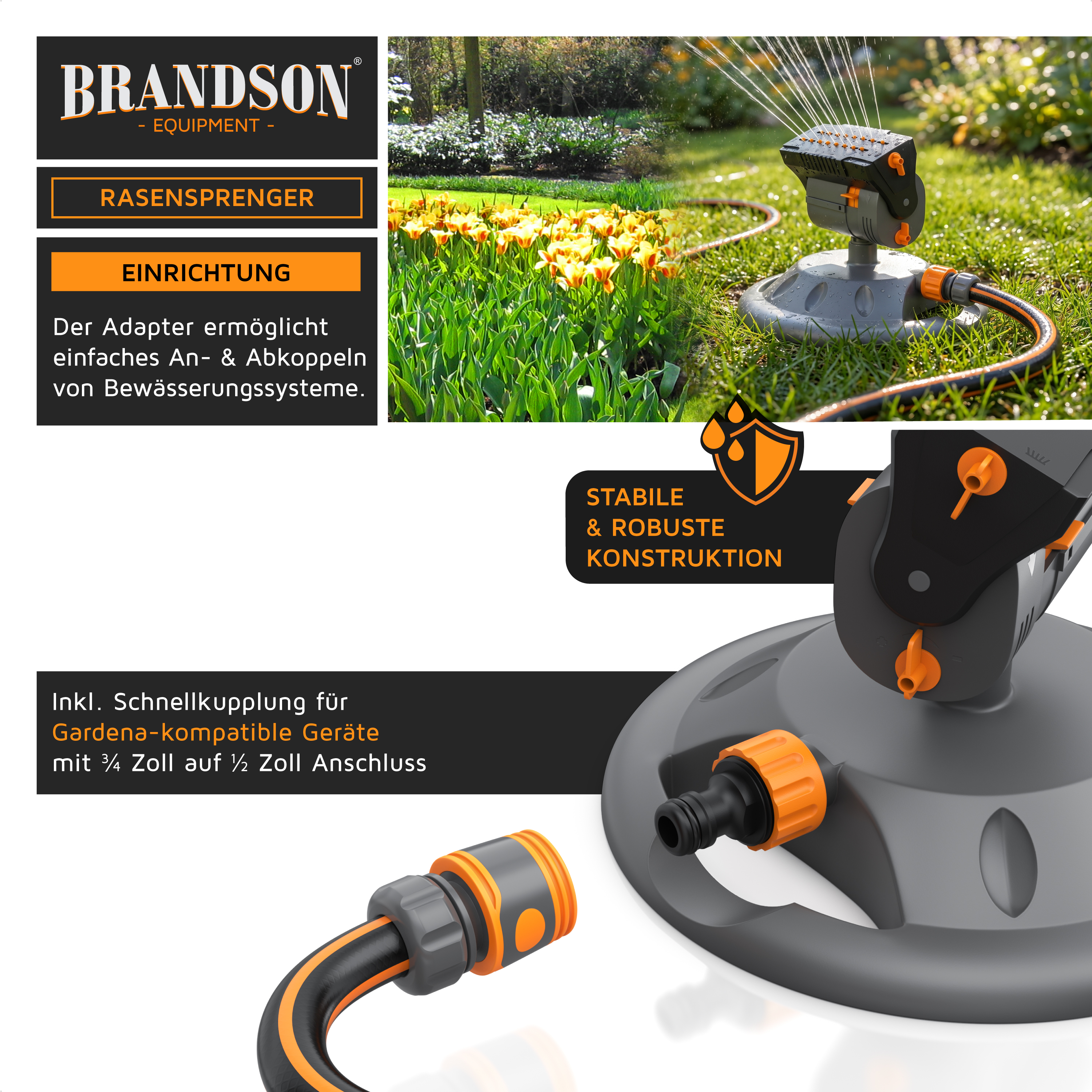 Brandson Rasensprenger mit stabiler und robuster Konstruktion, ausgestattet mit einem Adapter für Gardena-kompatible Geräte.