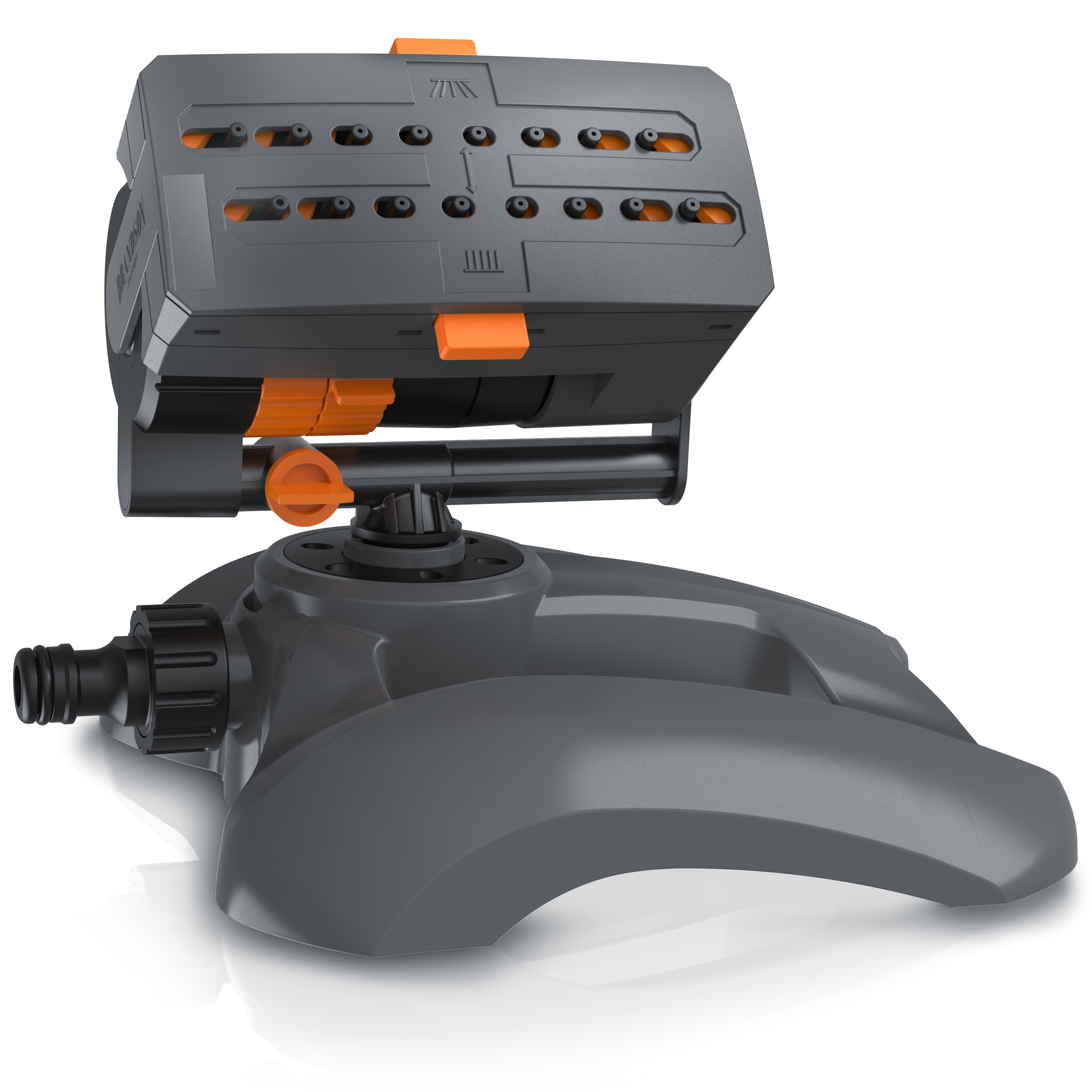 Brandson Sprinkler mit grauem Gehäuse, verstellbarem Kopf und orangefarbenem Bedienknopf, ideal für die Gartenbewässerung.