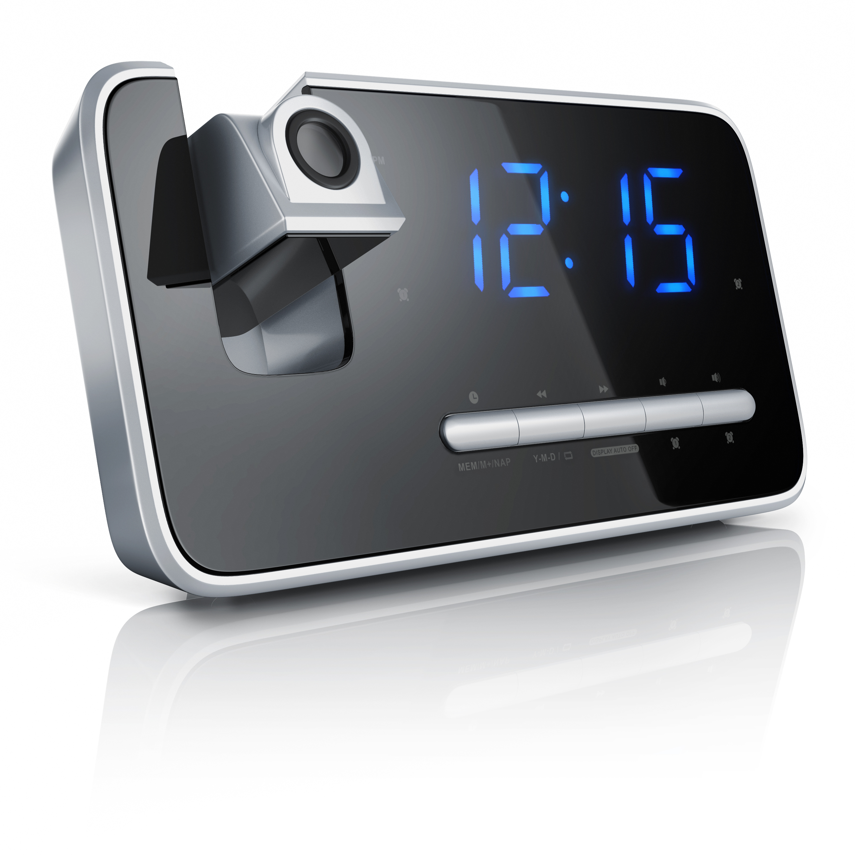 Brandson-Radiowecker mit elegantem schwarzem Design, blauem LED-Display und Bedientasten sowie einer Lautsprecherstation.