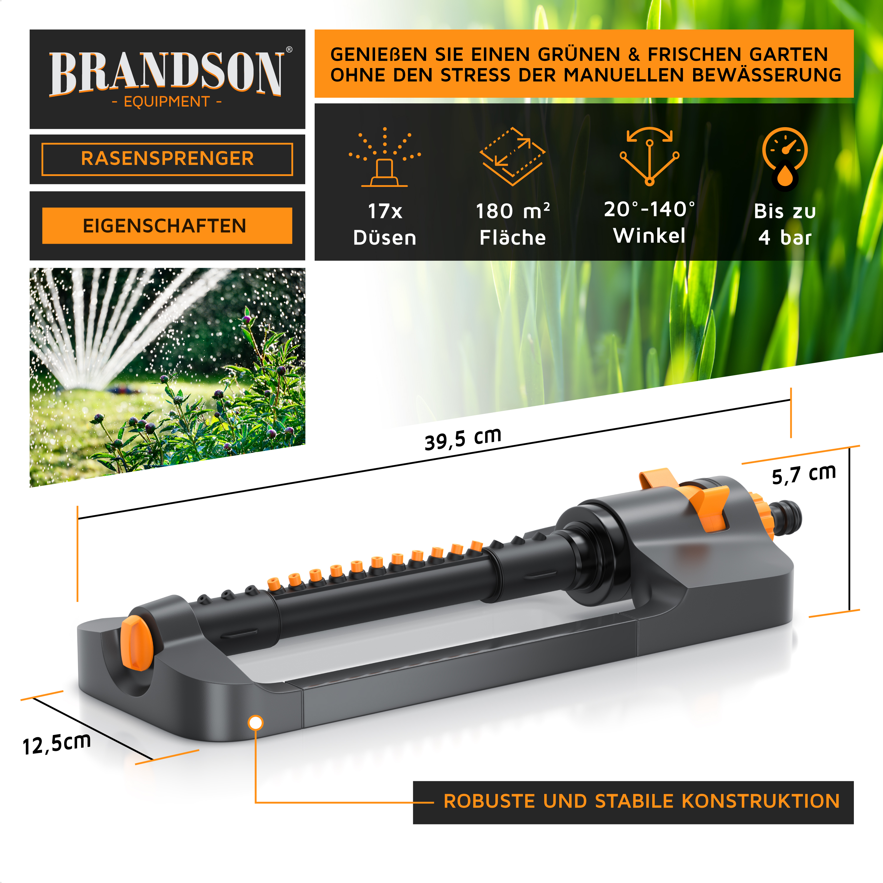 Brandson Rasensprenger mit 17 Düsen, robuster Konstruktion und verstellbarem Sprühwinkel für eine Fläche von bis zu 180 m².