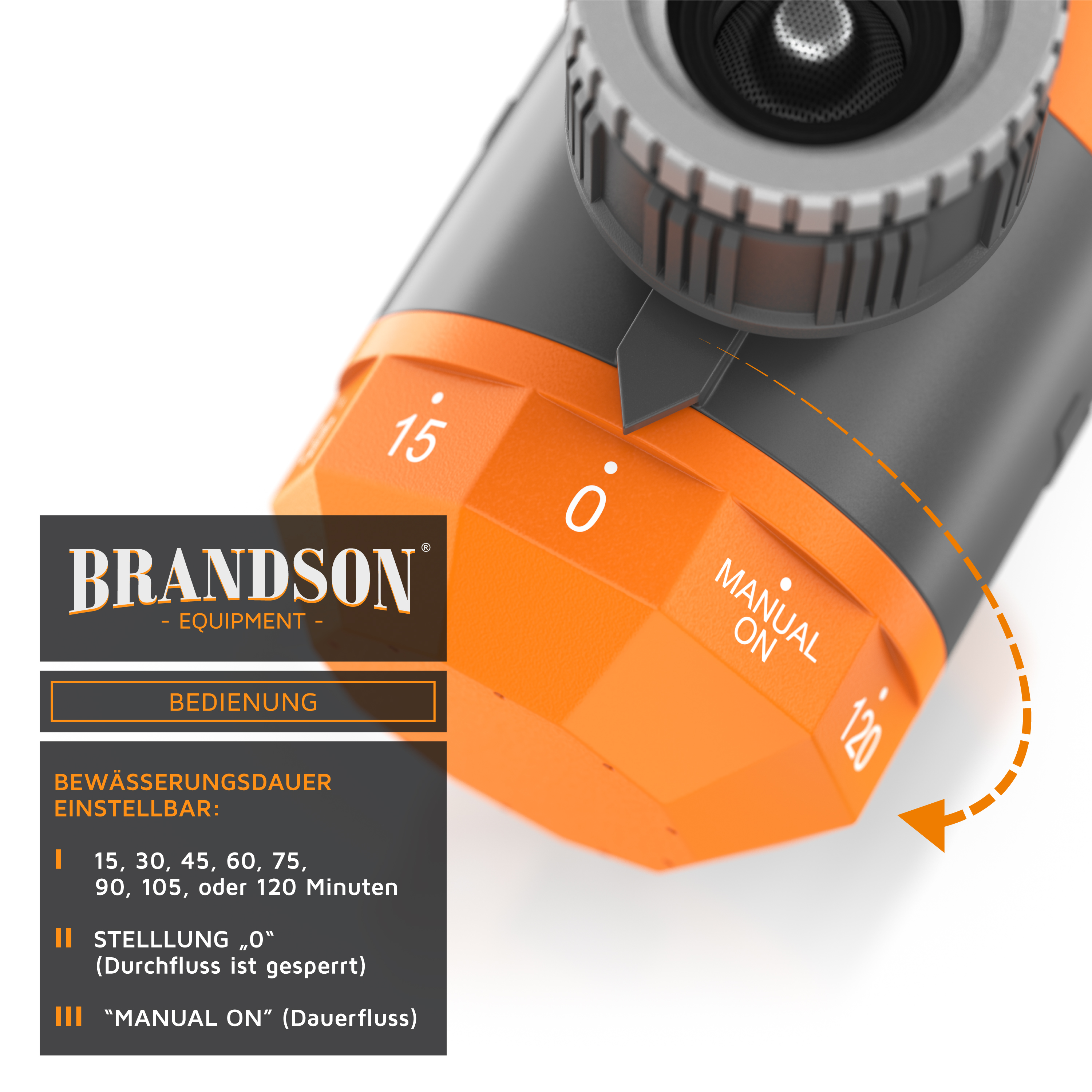 Brandson Bedienfeld mit einstellbarer Bewässerungsdauer von 15 bis 120 Minuten, orangefarbene und schwarze Farbgestaltung, drehbarer Knopf.