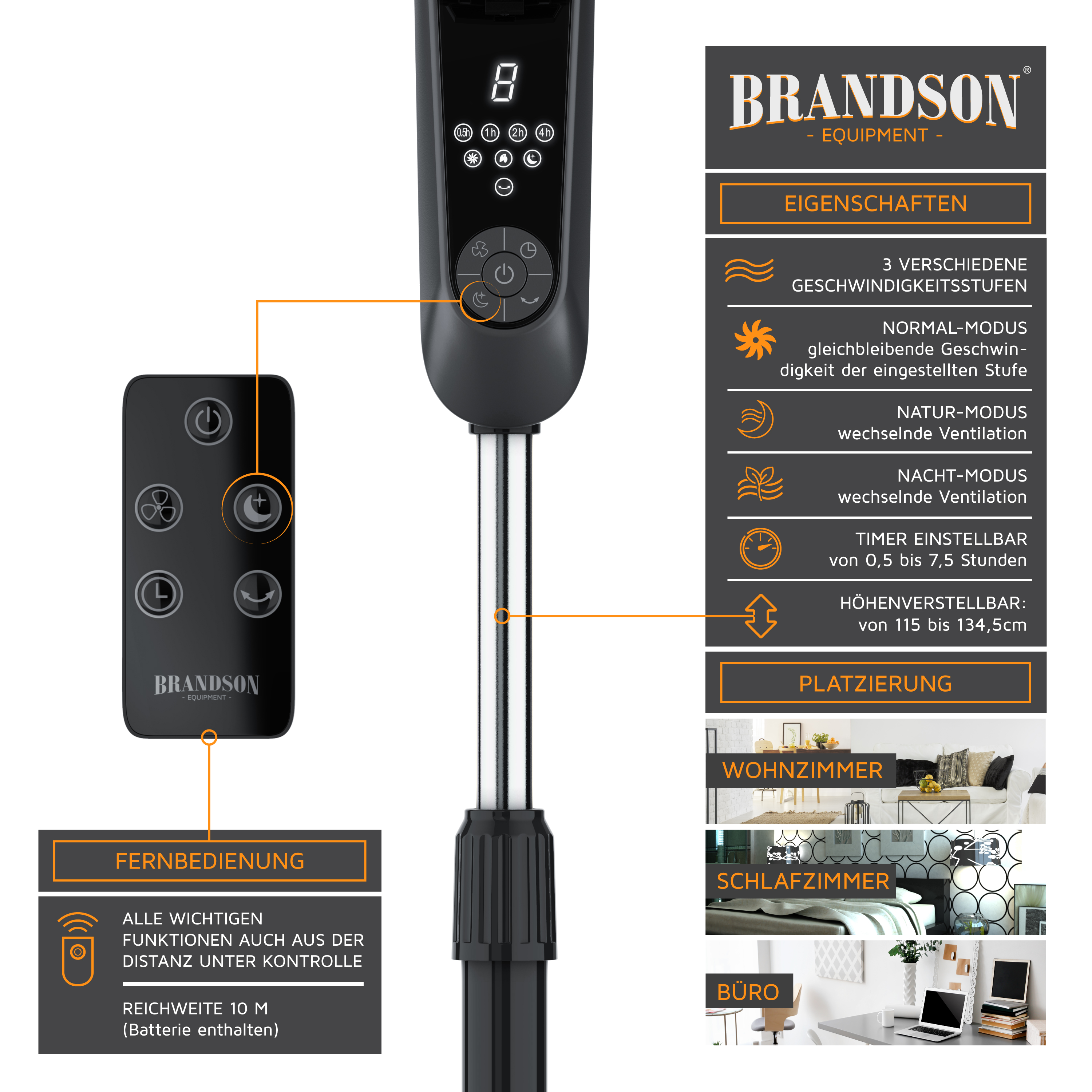 Brandson Turmventilator mit elegantem schwarzem Design, Fernbedienung, LED-Anzeige und einstellbarer Höhe von 115 bis 134,5 cm.