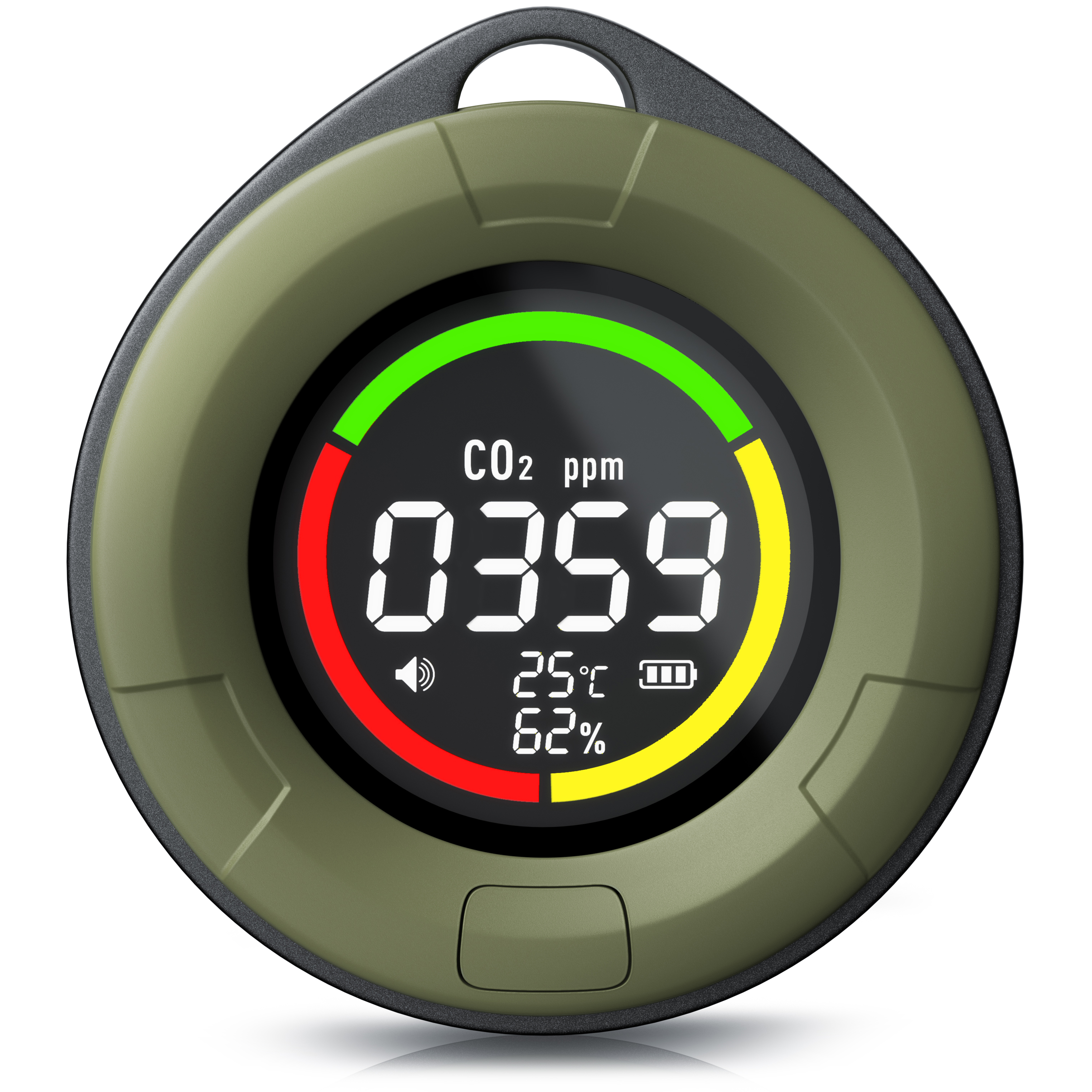 Brandson CO2-Messgerät in ovaler Form mit digitalem Display zur Anzeige von CO2-Werten, Temperatur und Luftfeuchtigkeit in grün-grauer Farbe.