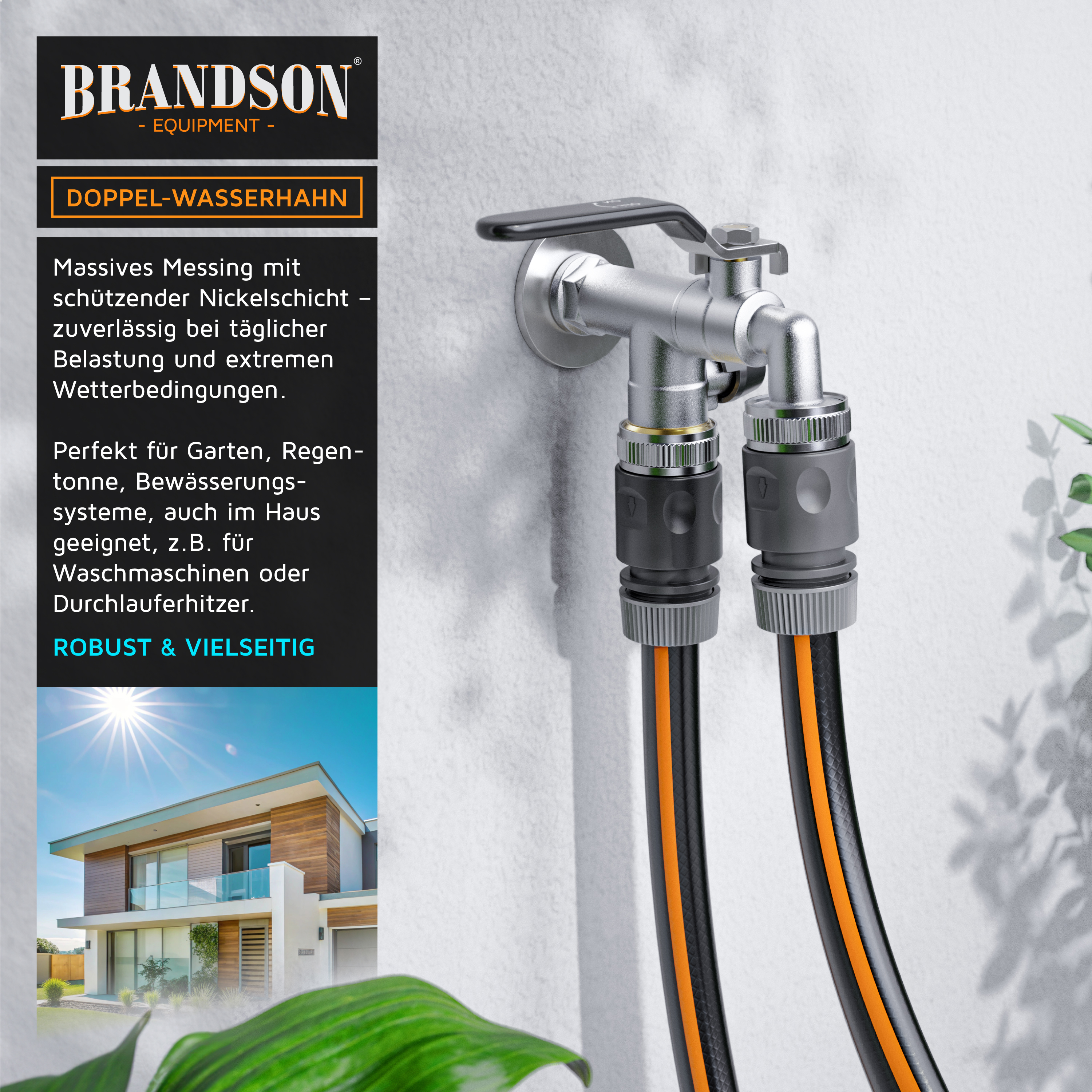 Brandson Doppel-Wasserhahn aus massivem Messing mit Nickelbeschichtung, zwei Anschlüssen für Gartenschlauch, robust und wetterbeständig.