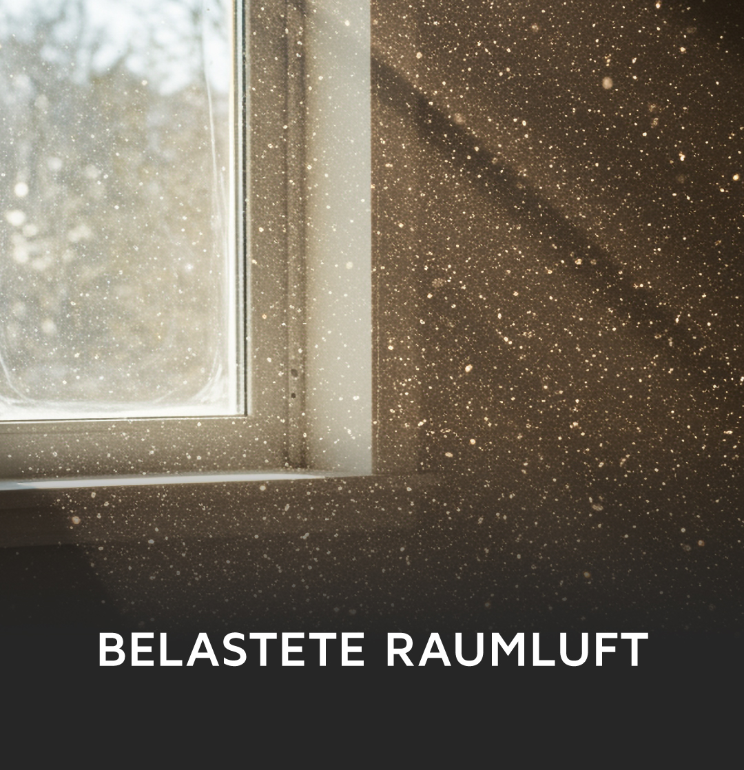 Im Sonnenlicht sichtbare Staubpartikel, die durch ein Fenster strömen, weisen auf eine schlechte Raumluftqualität hin.
