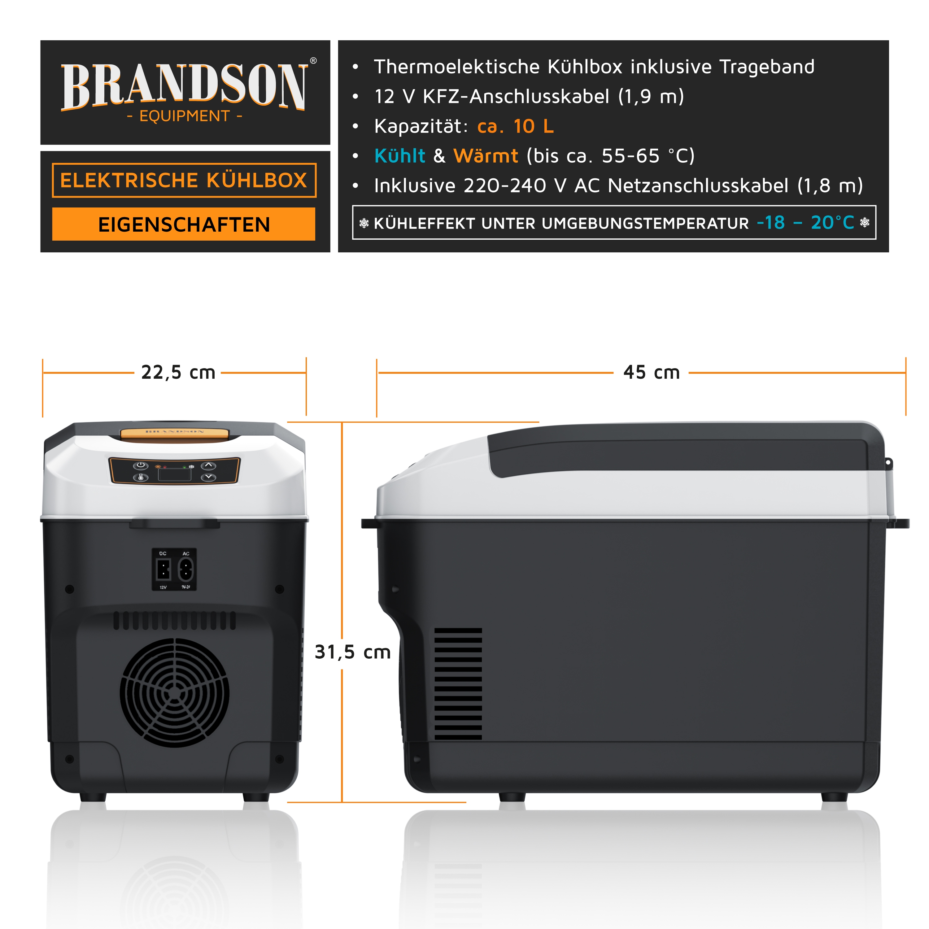 Brandson elektrische Kühlbox mit Tragband, thermoelektrisch, schwarz-weiß, inklusive Bedienfeld und Anschlusskabel, für Kühlung und Wärme.