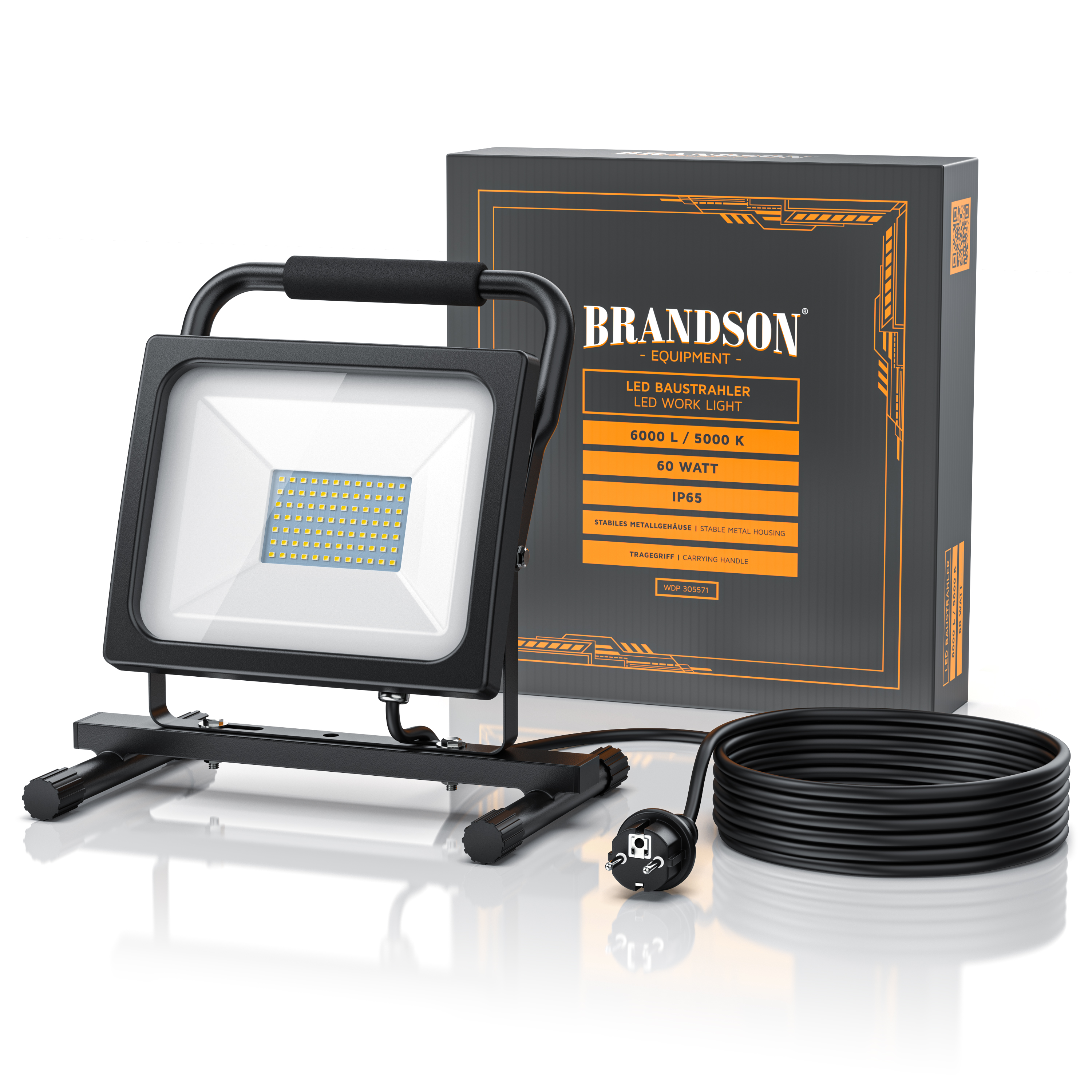 LED-Arbeitsleuchte von Brandson mit stabilem Metallgehäuse, Tragegriff und Netzkabel, verpackt in einer Markenbox.