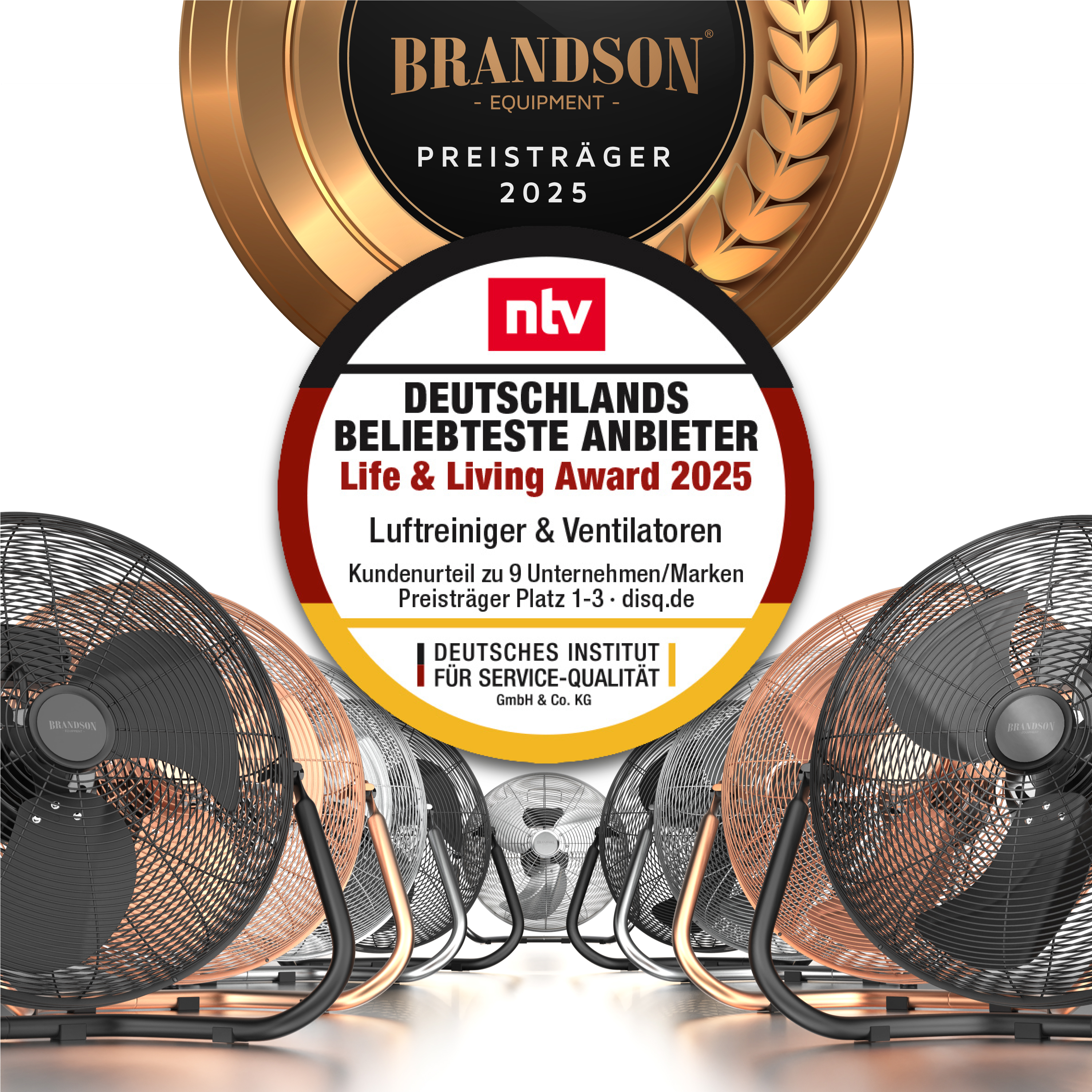 Brandson Ventilatoren mit robustem Metallgehäuse in Schwarz und Kupfer, ausgezeichnet mit dem Life & Living Award 2025.