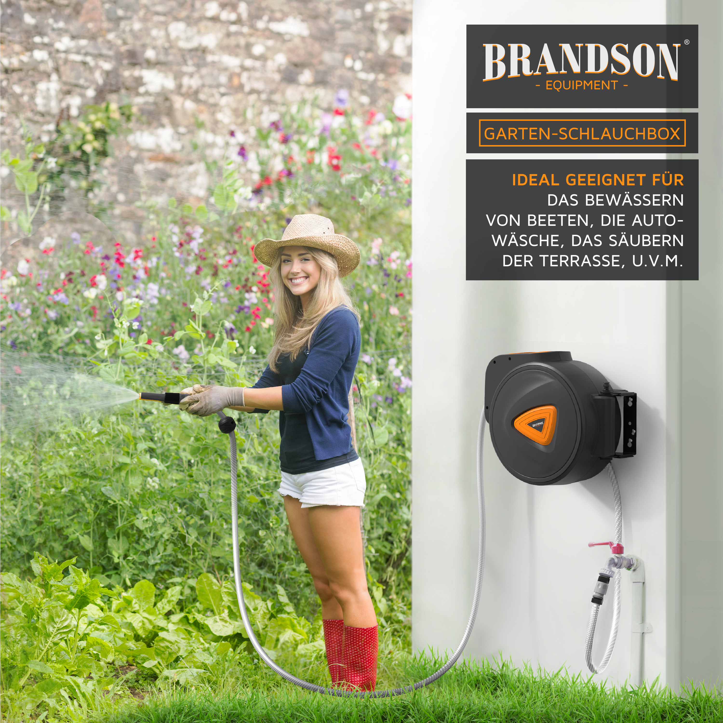 Gartenschlauchtrommel von Brandson mit einer Frau, die Pflanzen gießt, mit wandmontiertem Design und flexiblem Schlauch.