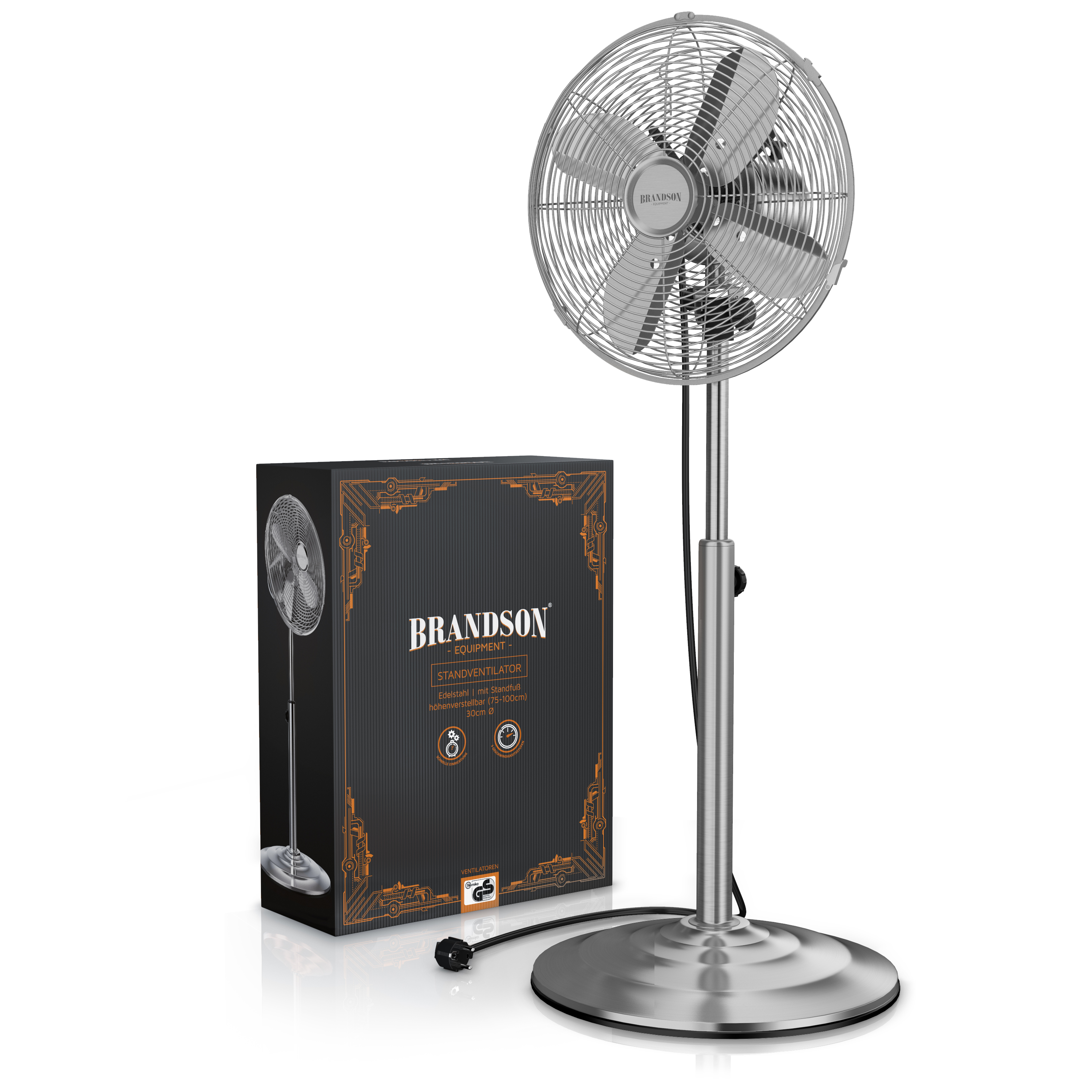 Brandson Standventilator mit verchromtem Standfuß, verstellbarer Höhe und einem stabilen, runden Sockel, inklusive Verpackung.