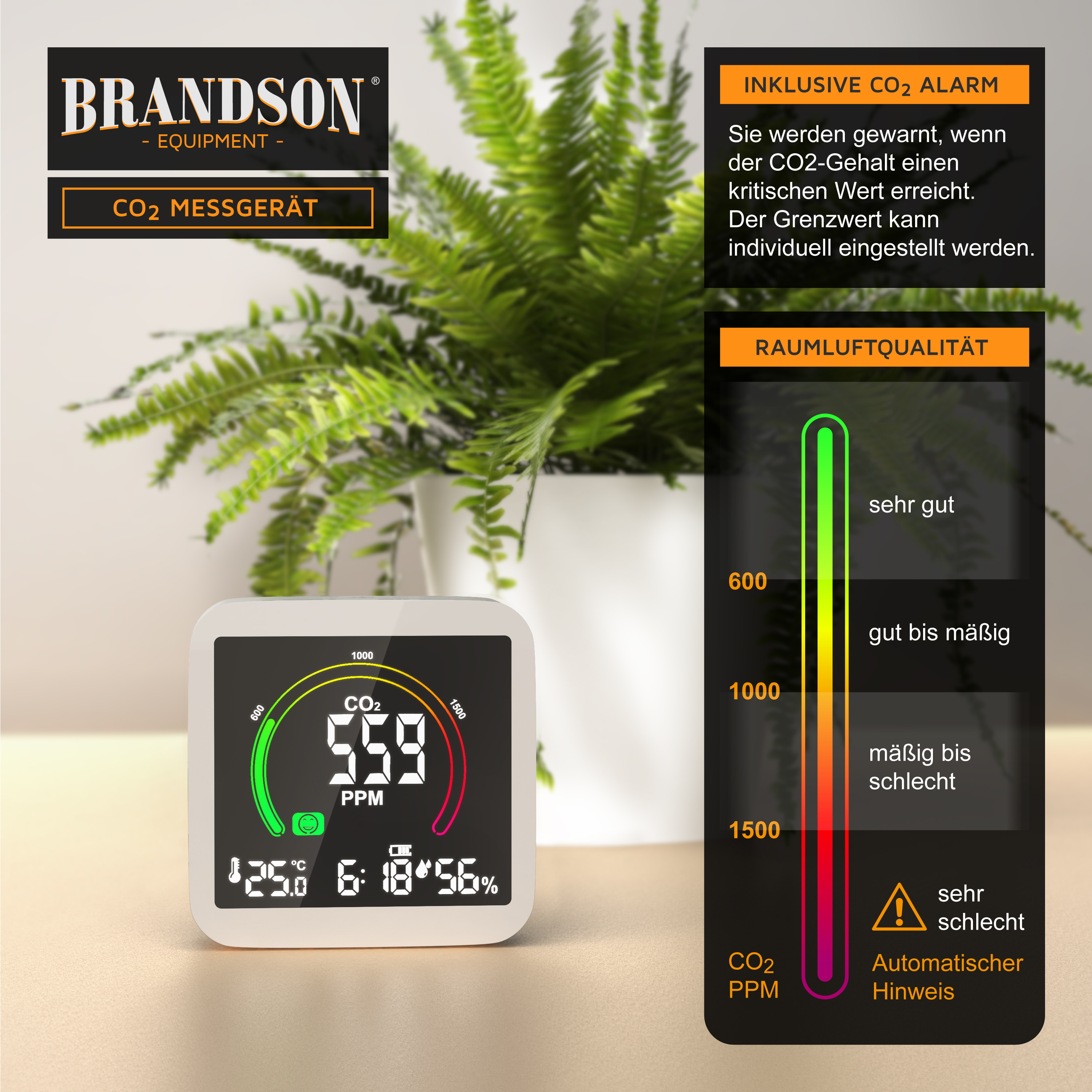 Brandson CO2 Messgerät mit digitalem Display, zeigt CO2-Werte, Temperatur und Luftfeuchtigkeit in einem kompakten, weißen Gehäuse.