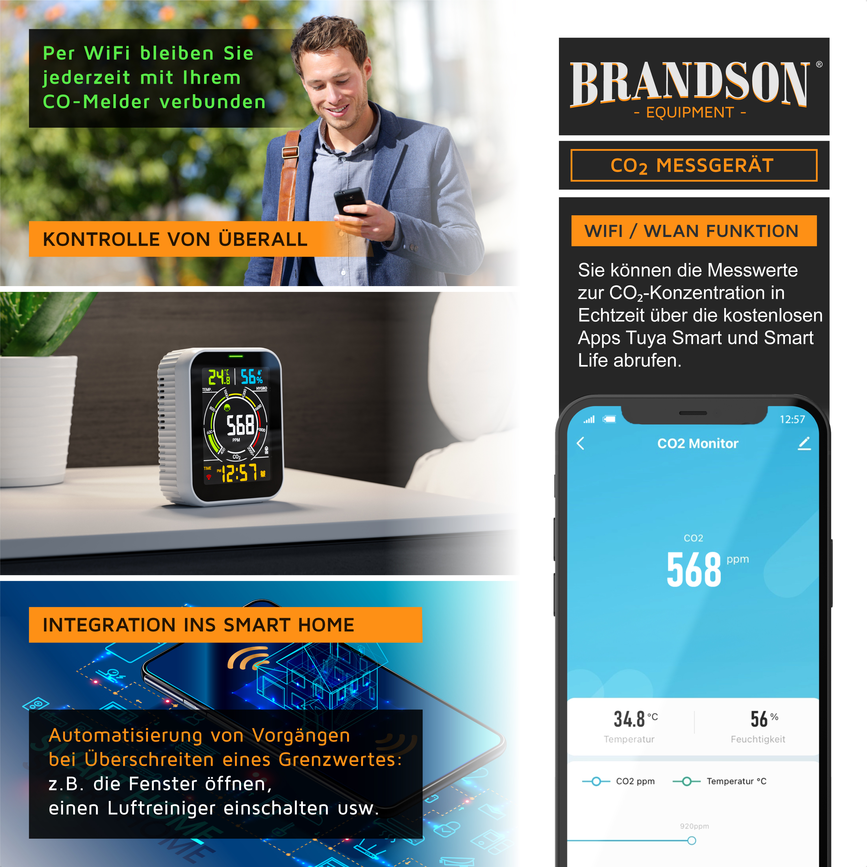 Brandson CO2-Messgerät mit digitaler Anzeige der CO2-Werte und der Zeit, konzipiert für die Smart-Home-Integration und WLAN-Konnektivität.