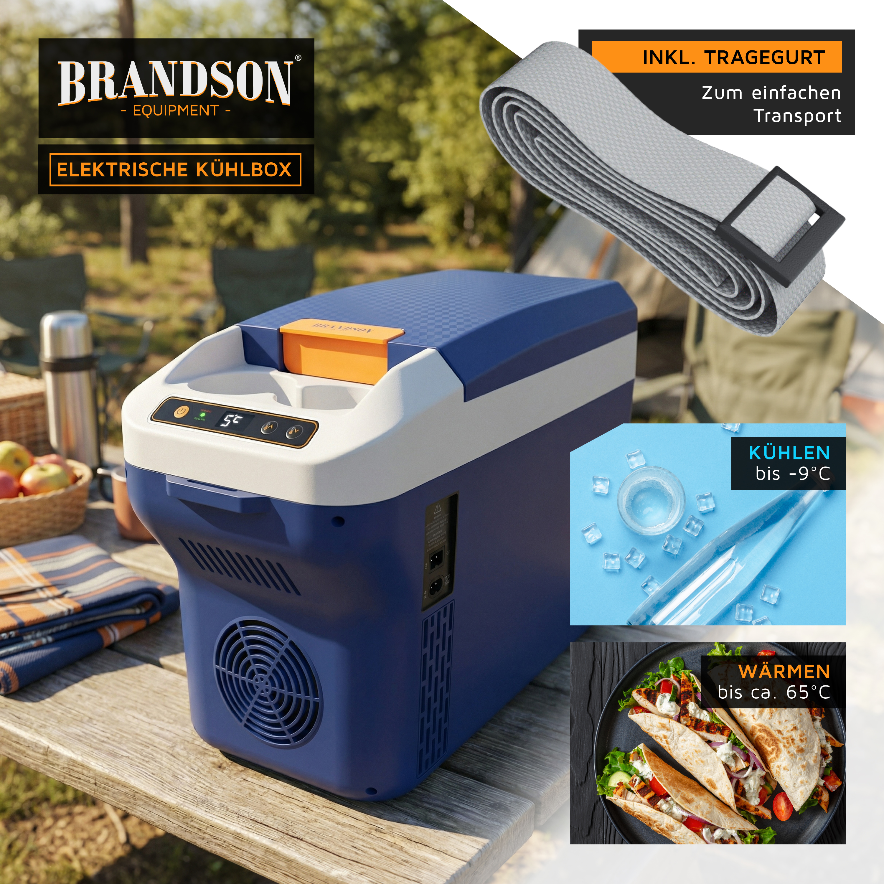 Elektrische Kühlbox von Brandson im blau-weißen Design mit Digitalanzeige, Tragegurt und Lüftungsgitter, ideal für den Außenbereich.