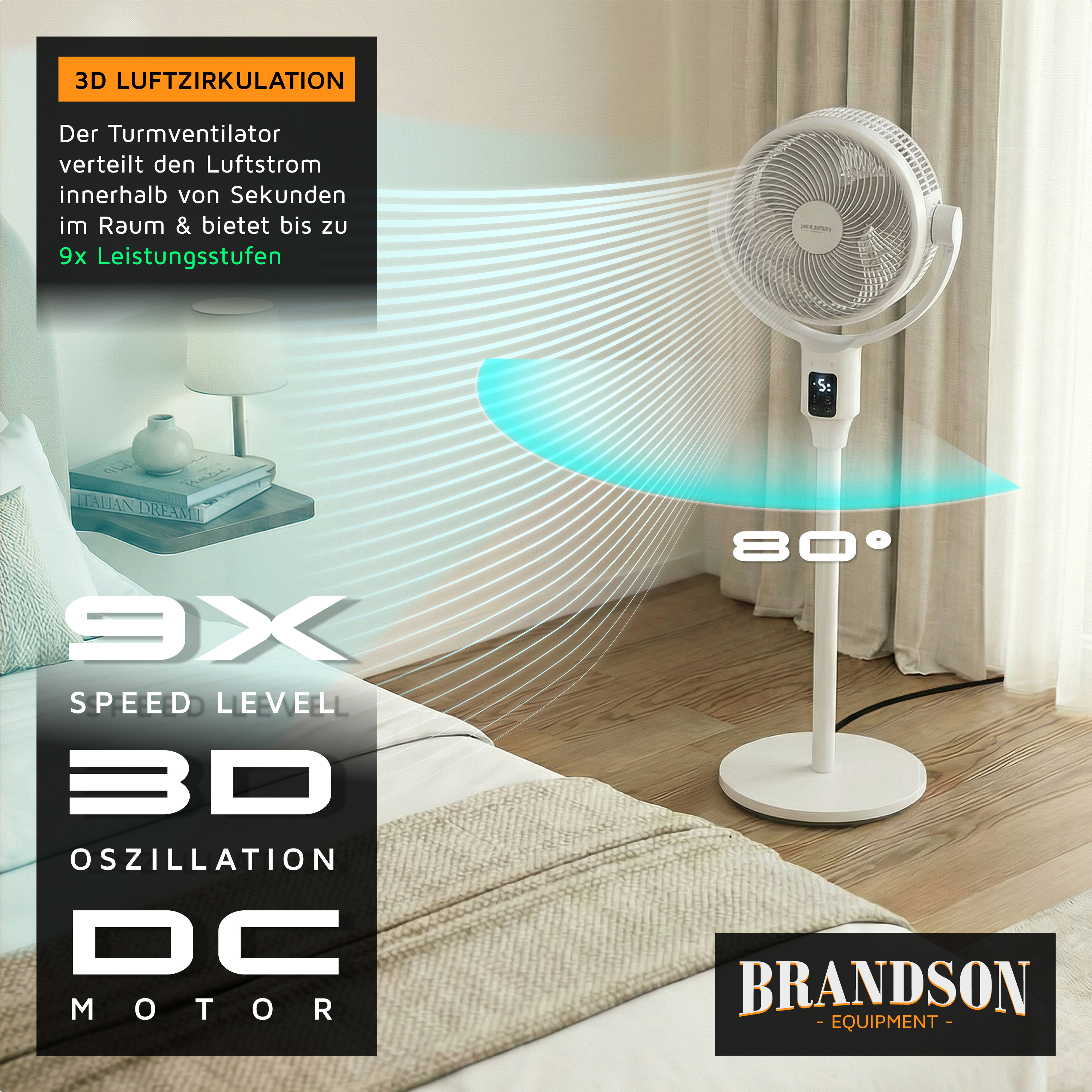 Brandson Turmventilator in Weiß mit digitalem Display und Standfuß, ideal für die Luftzirkulation im Wohnraum.