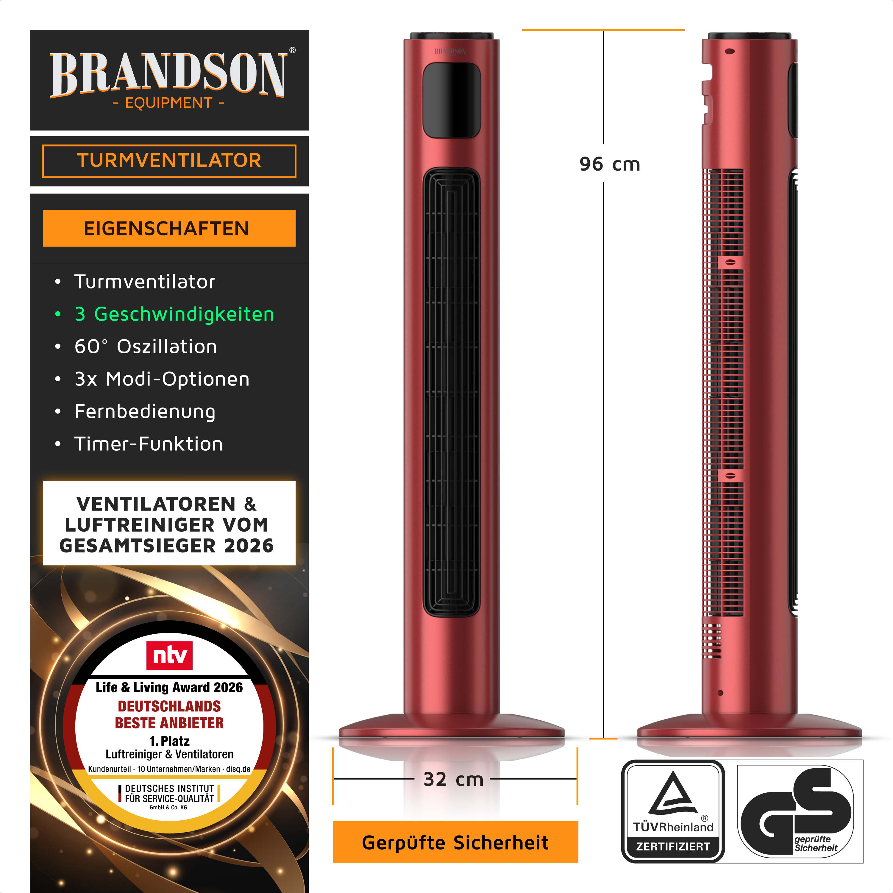 Brandson Turmventilator in Rot mit 96 cm Höhe, 60° Oszillation, Fernbedienung und Timer-Funktion auf einem stabilen Standfuß.
