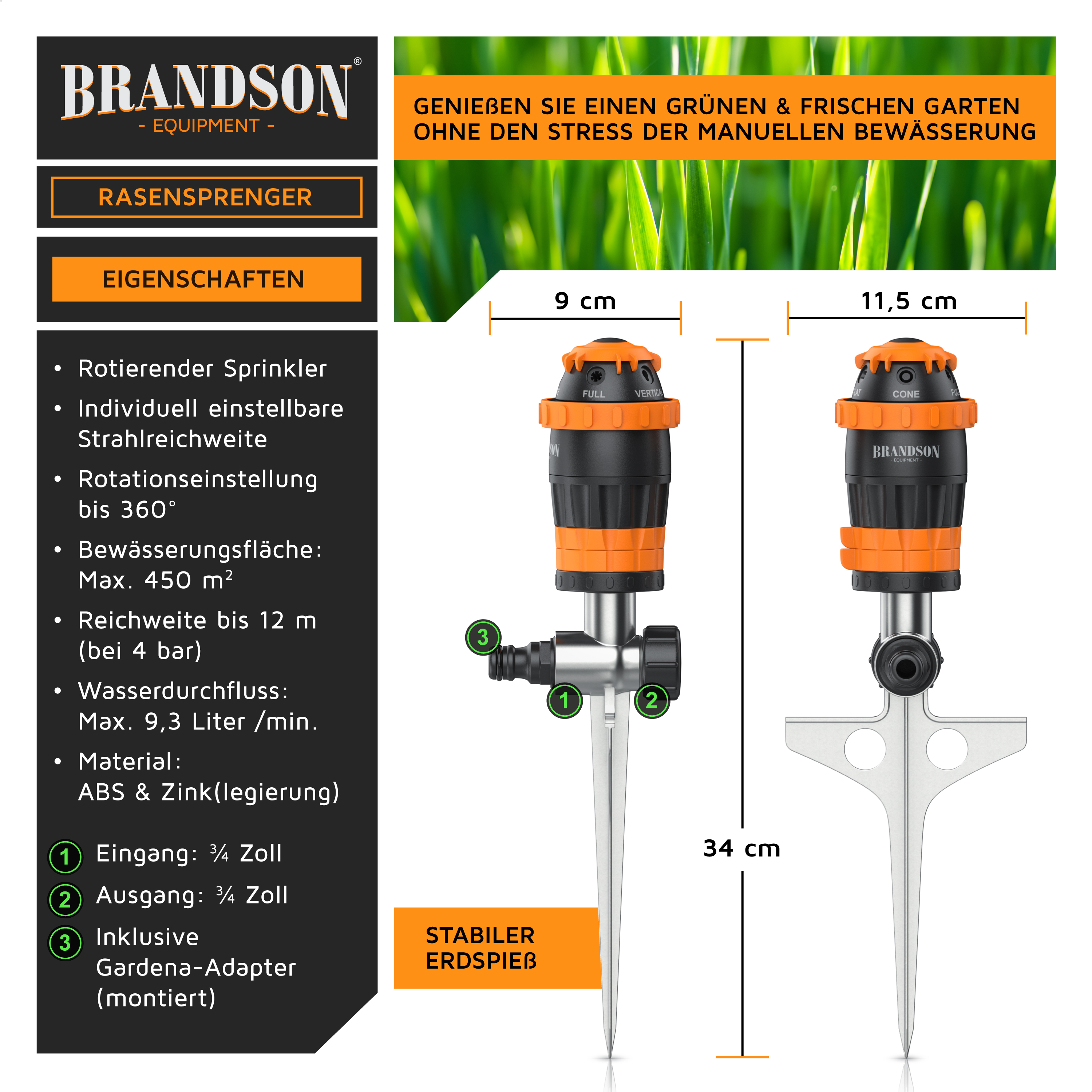 Brandson Rasensprenger mit rotierendem Sprinkler, individuell einstellbarer Strahlreichweite und stabilem Erdspieß.