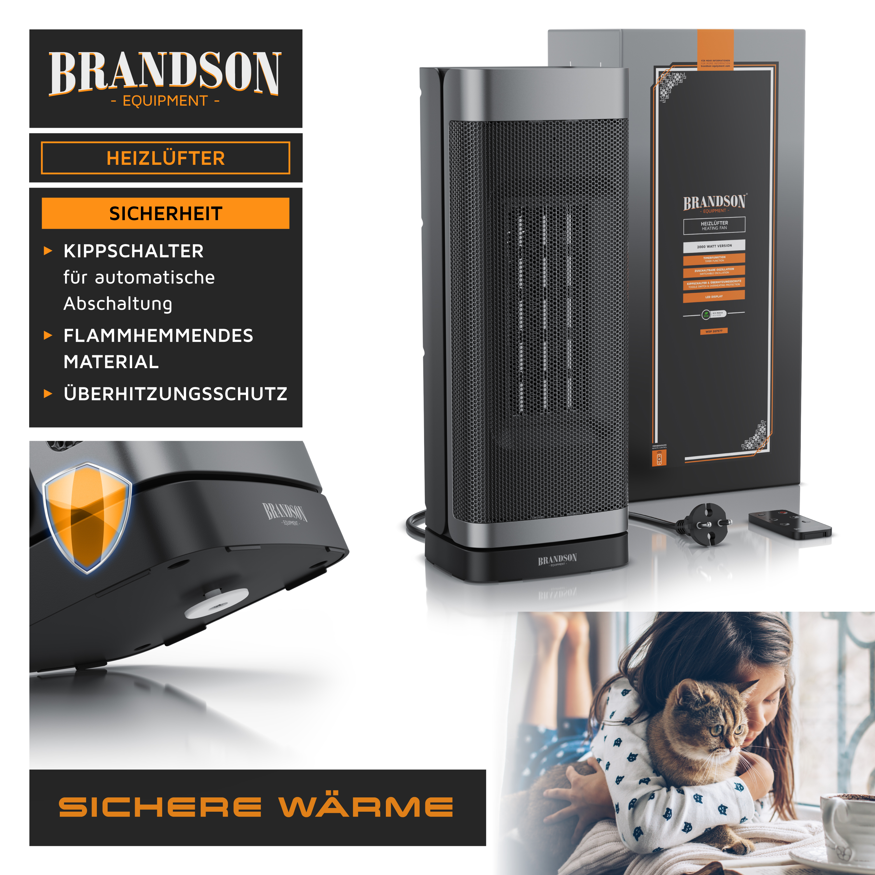 Brandson Heizlüfter in Schwarz mit Sicherheitsmerkmalen wie Kippschalter und Überhitzungsschutz, inklusive Fernbedienung und Verpackung.