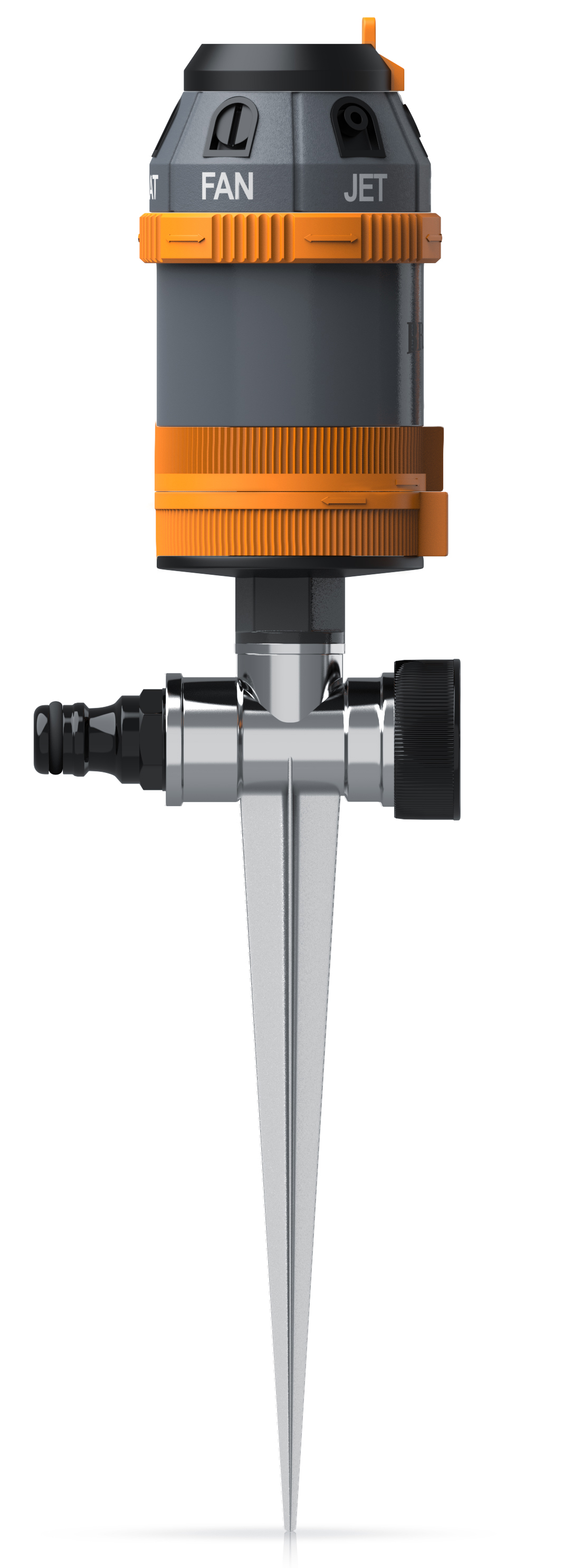 Brandson Sprinkler mit grauem und orangefarbenem Gehäuse, spitzem Fuß zur Bodenmontage, Bedienfeld und Anschluss für Wasserschlauch.