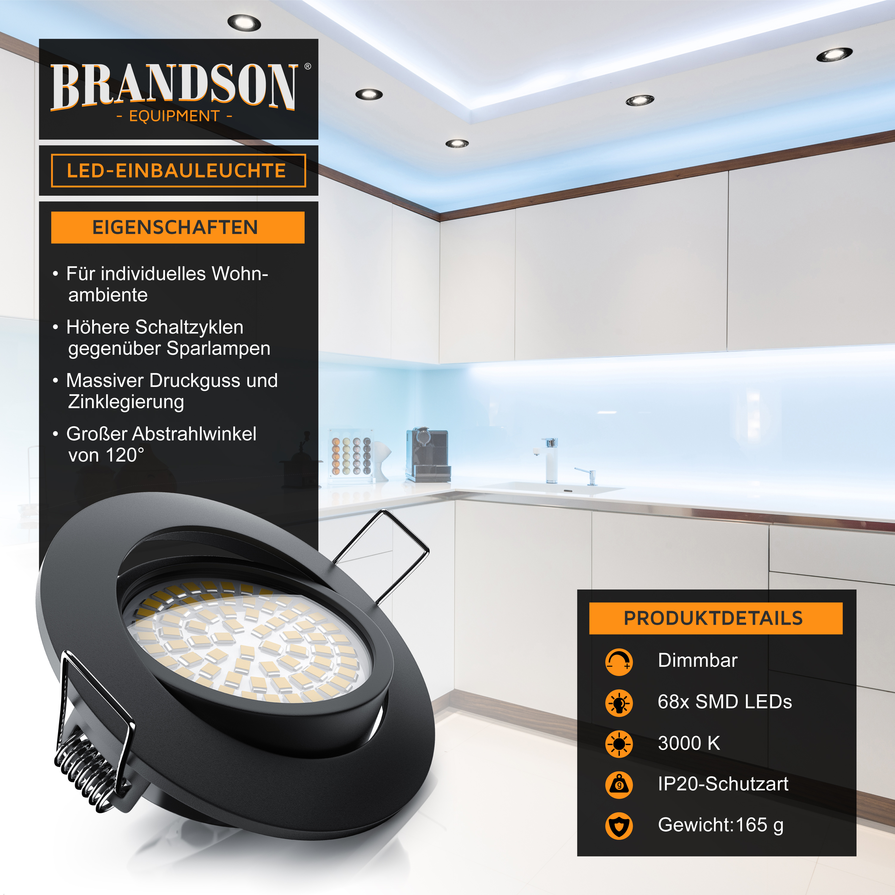 Brandson LED-Downlight mit elegantem schwarzem Design, runder Form und mehreren SMD-LEDs für helle Beleuchtung.
