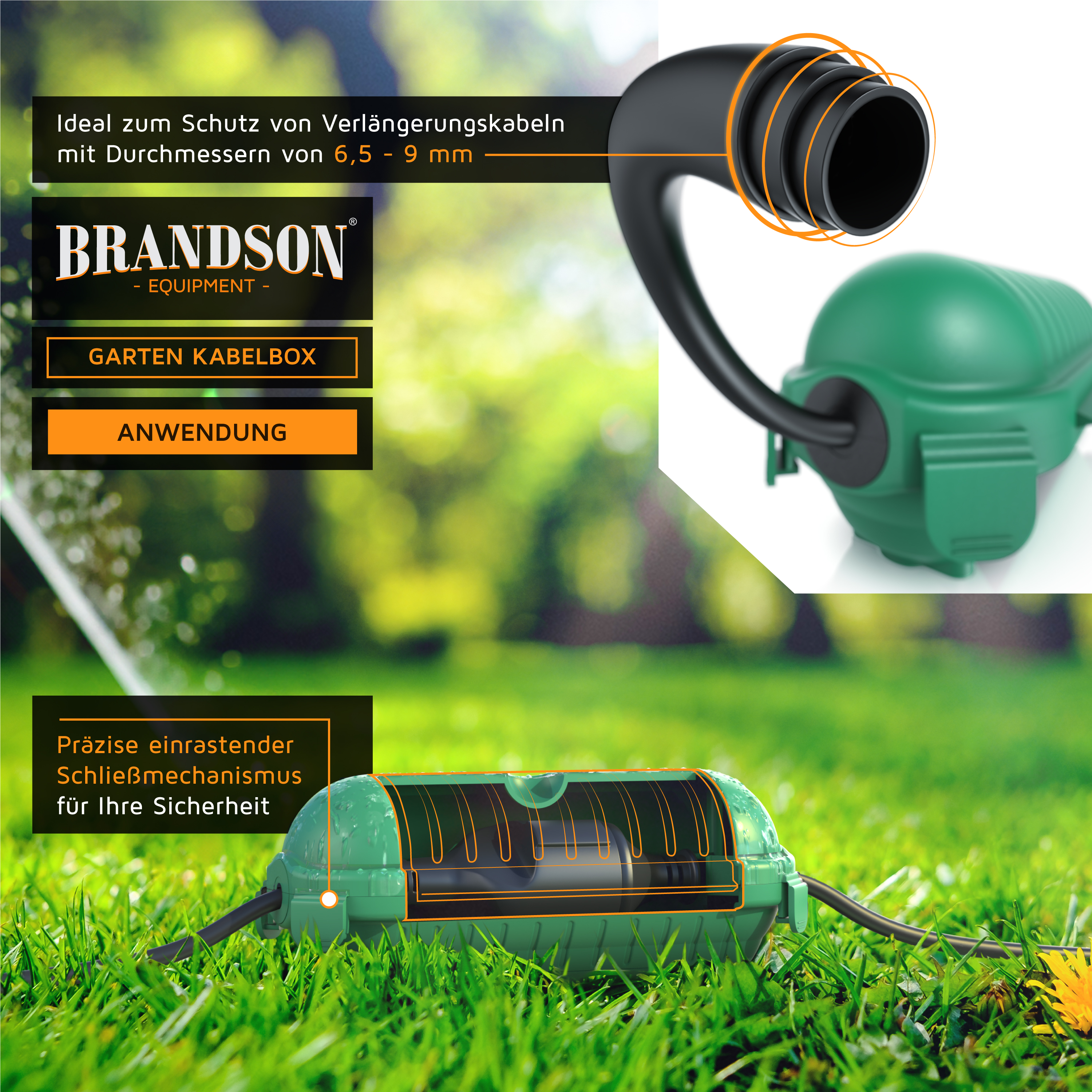 Gartenkabelbox von Brandson in Grün mit schwarzem Anschluss zum Schutz von Verlängerungskabeln mit Durchmessern von 6,5 bis 9 mm.