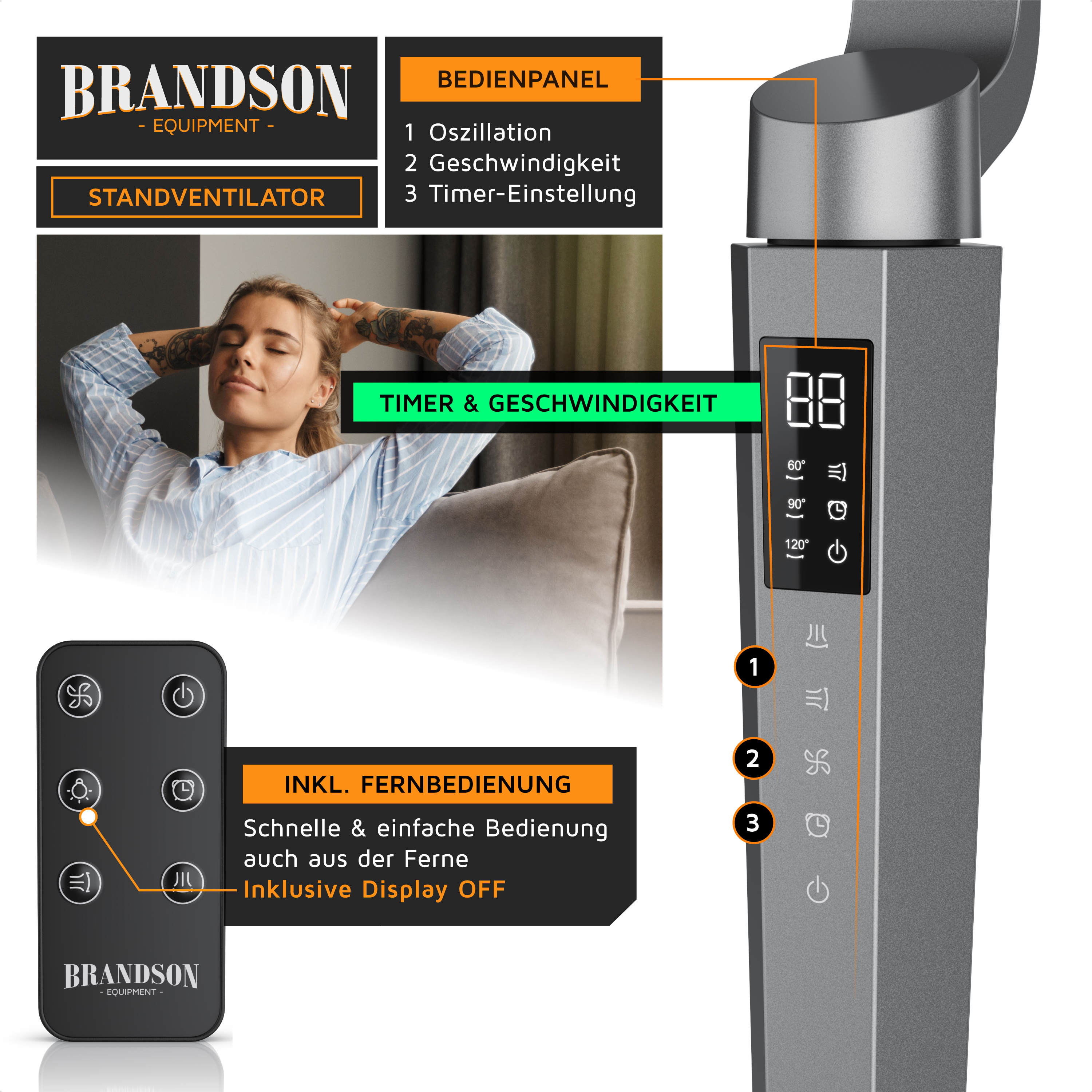 Brandson Standventilator mit digitalem Bedienfeld, Fernbedienung und Timer-Funktion, in modernem Design und grauer Farbe.