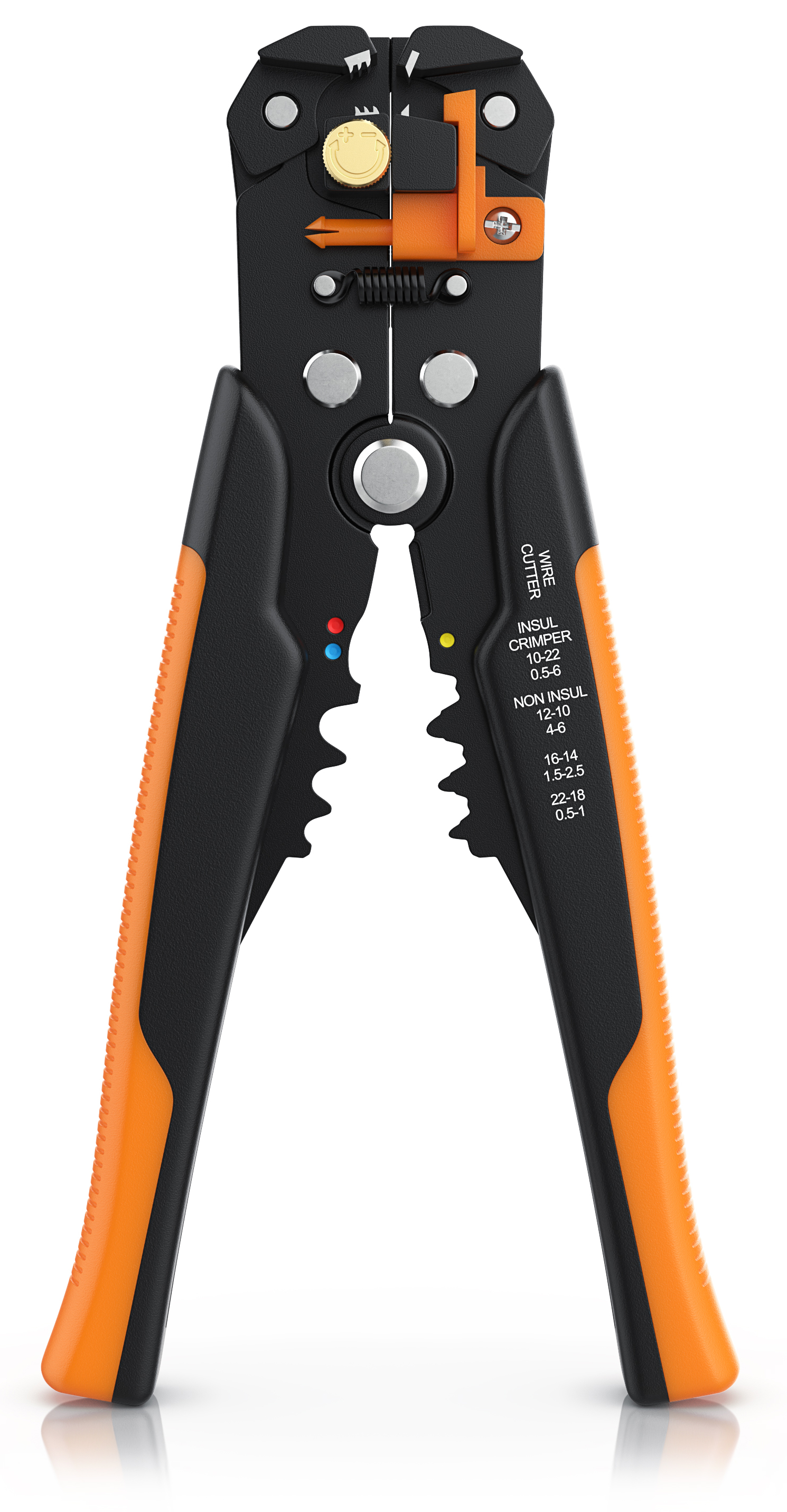 Abisolierzange von Brandson mit ergonomischen schwarzen und orangefarbenen Griffen, Crimp- und Schneidfunktionen und deutlich gekennzeichneten Stärkegrößen.