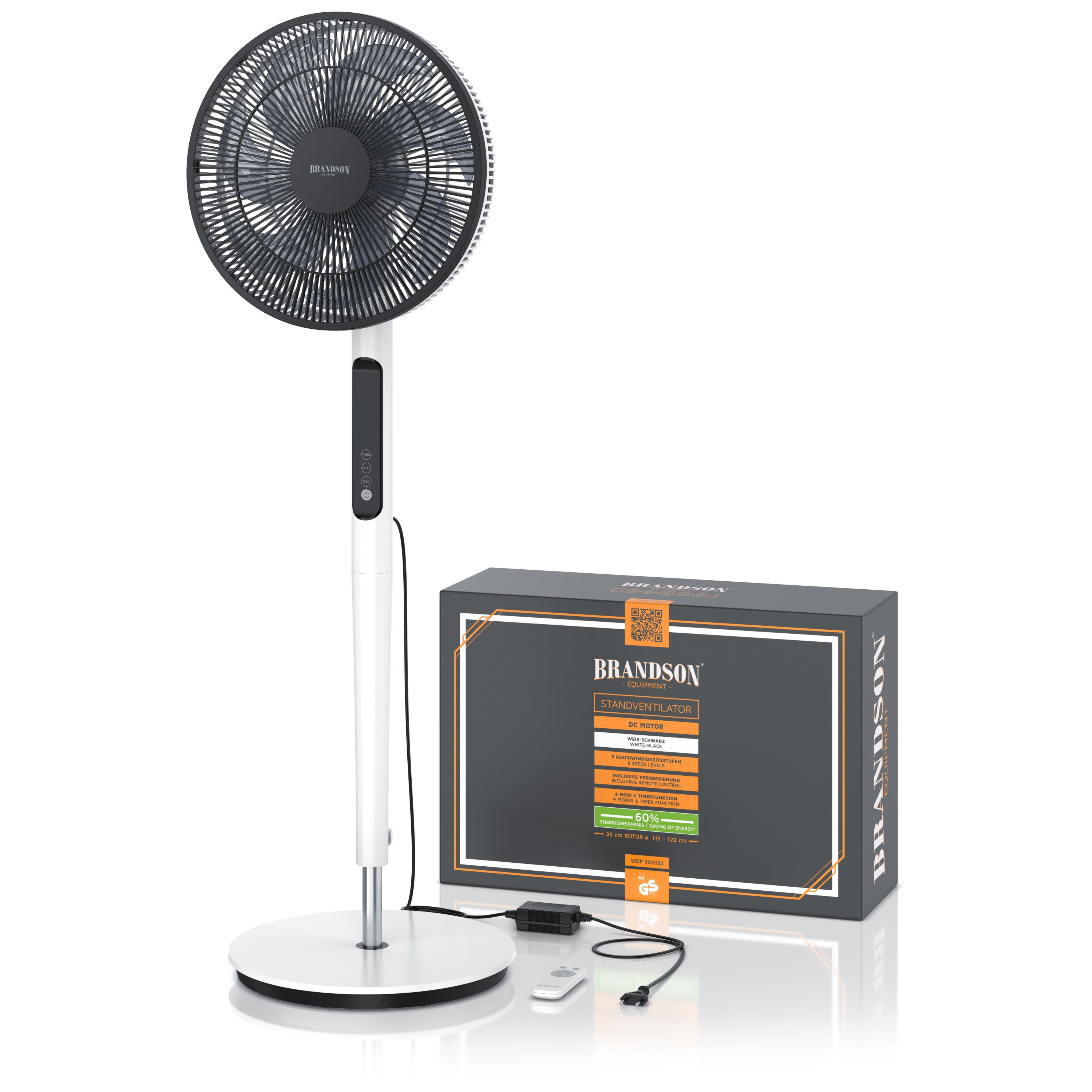Brandson Standventilator in Weiß mit modernem Design, Bedienfeld und Fernbedienung, neben der Verpackung.