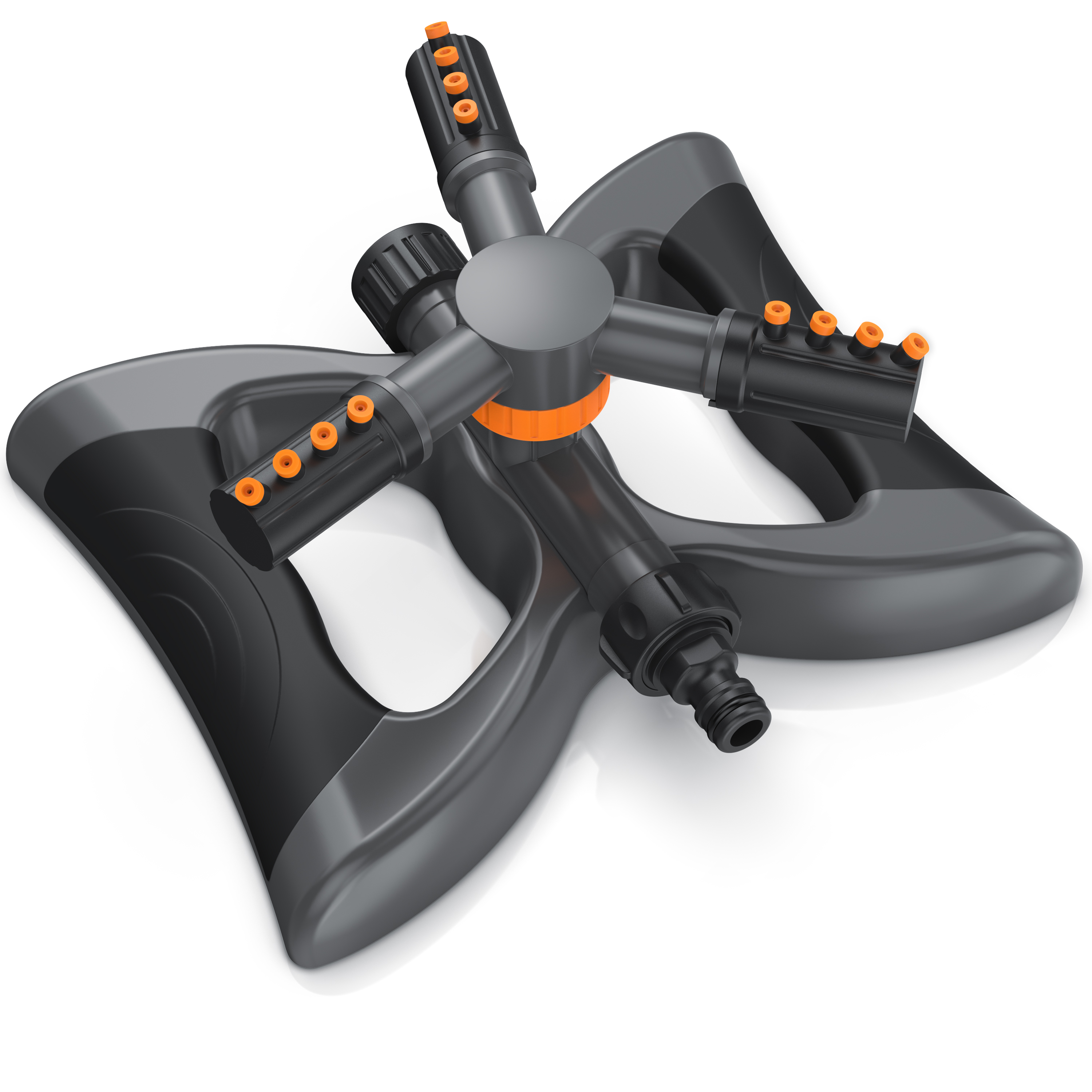 Brandson Sprinkler mit stabiler Basis, schwarzem und orangefarbenem Design, mehrere Anschlussmöglichkeiten für flexible Bewässerung.