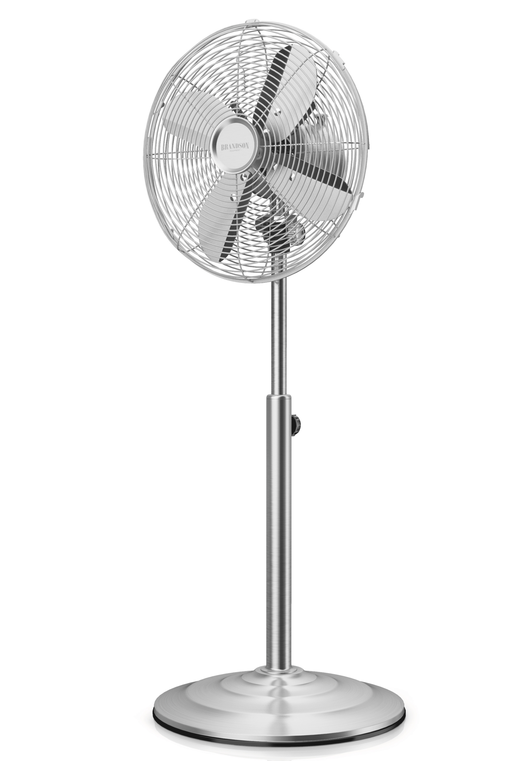 Standventilator von Brandson mit elegantem silbernen Design, Metallgitter, einstellbarer Höhe und stabiler Basis für effektive Luftzirkulation.