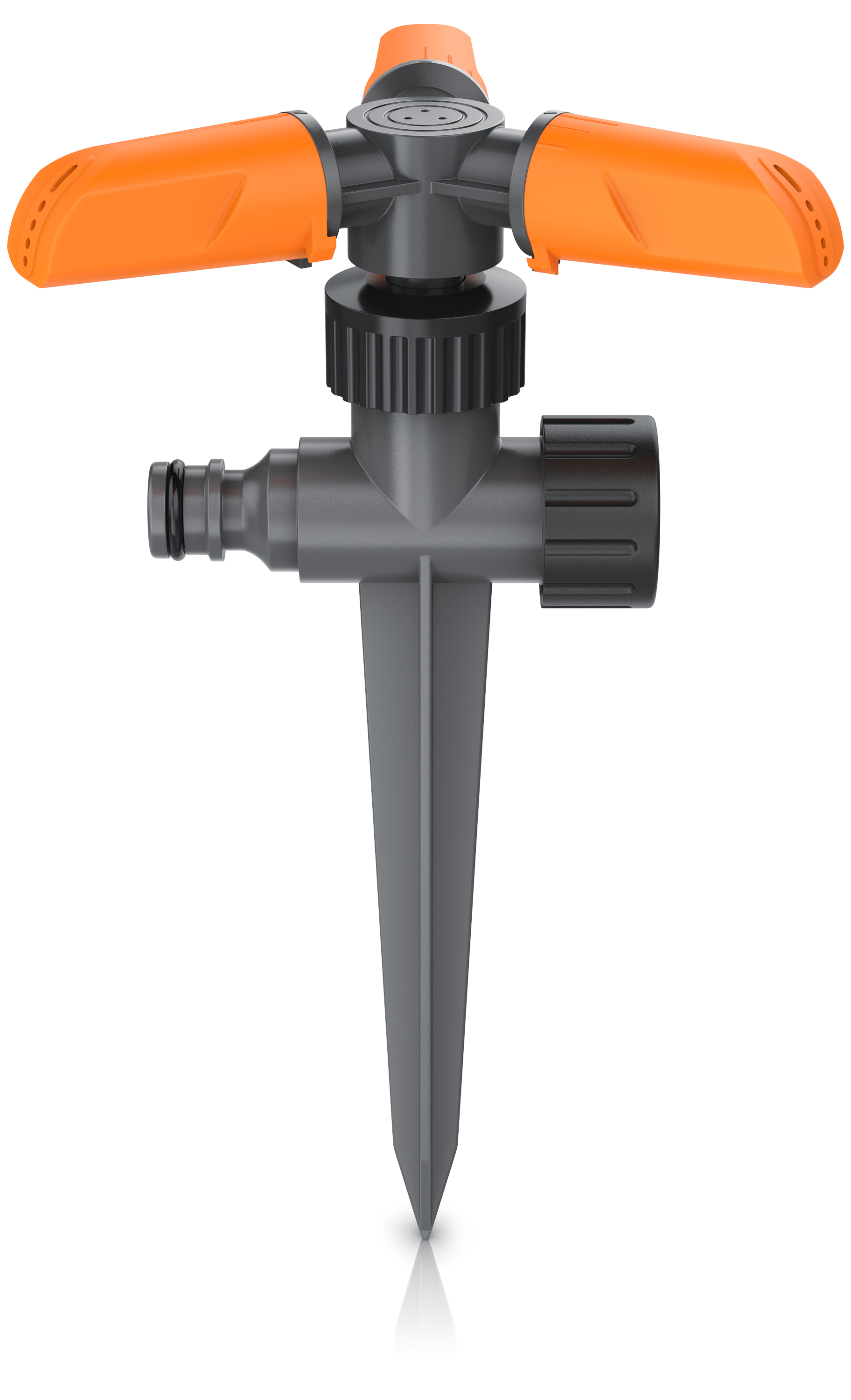 Brandson Sprinkler mit orangefarbenen Griffen und grauem Körper, ausgestattet mit einem stabilen Erdspieß für die Gartenbewässerung.