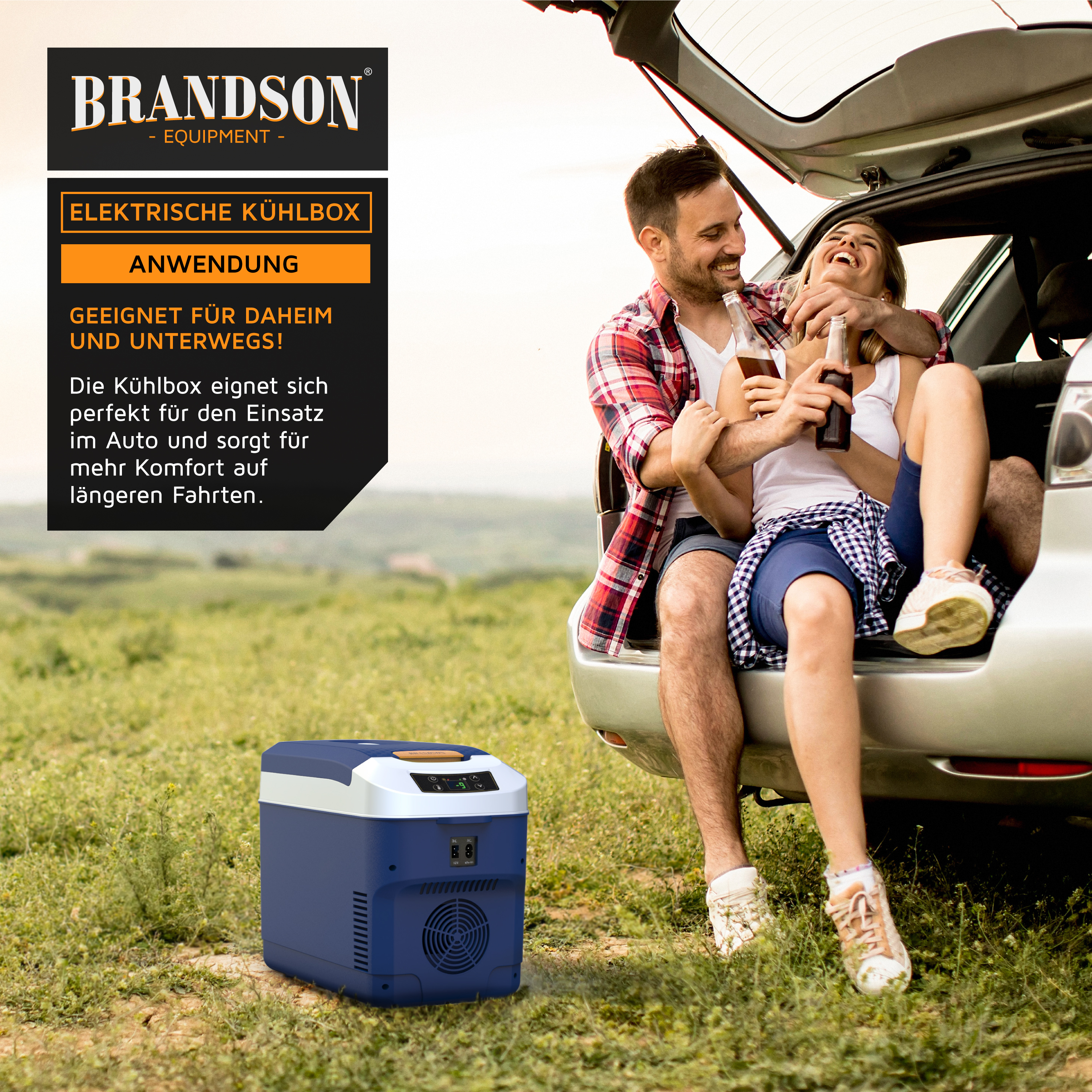 Brandson elektrische Kühlbox in blau mit digitalem Display, ideal für den Einsatz im Auto und für Picknicks.