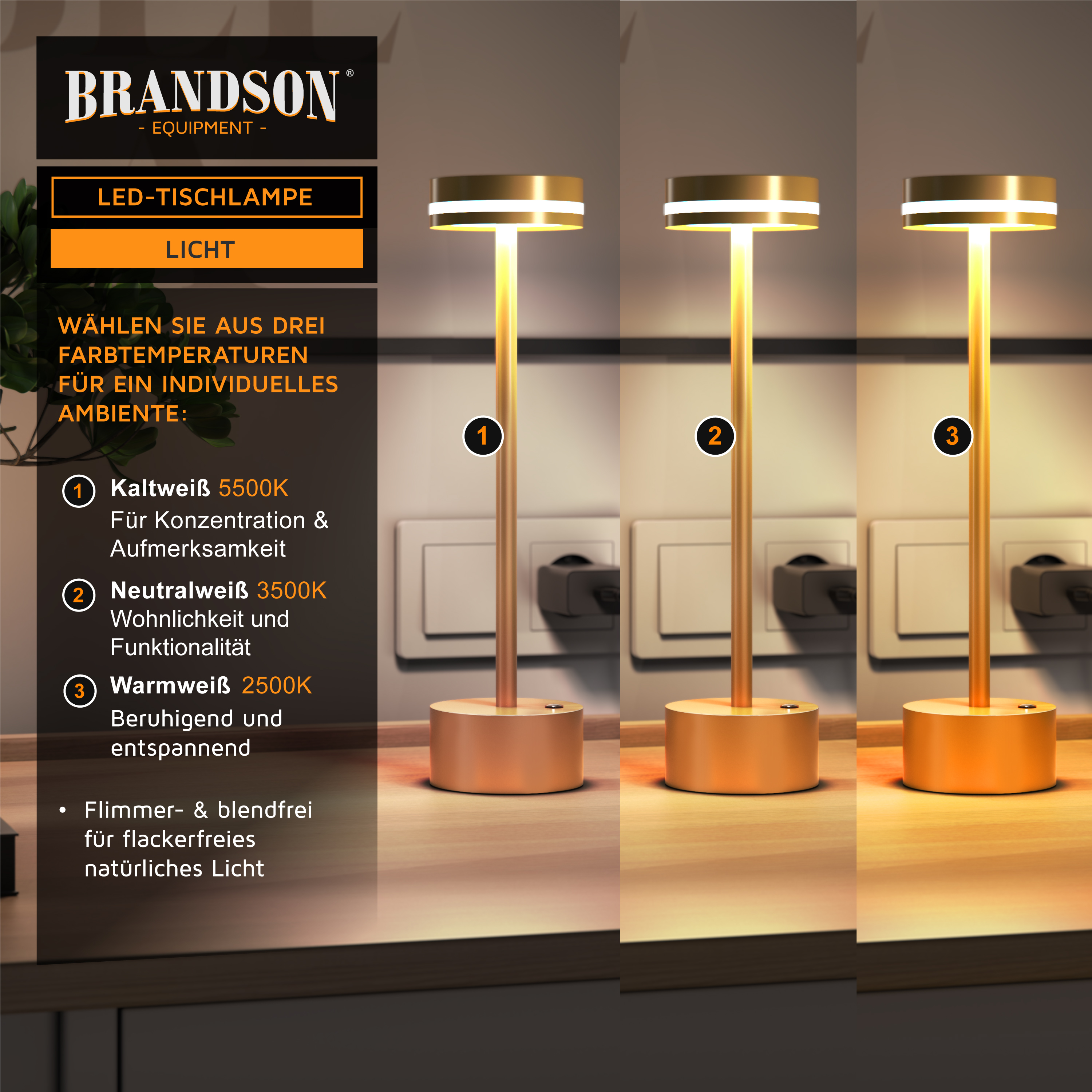 Brandson LED-Tischlampe mit elegantem Golddesign und drei einstellbaren Farbtemperaturen für eine individuell anpassbare Atmosphäre.