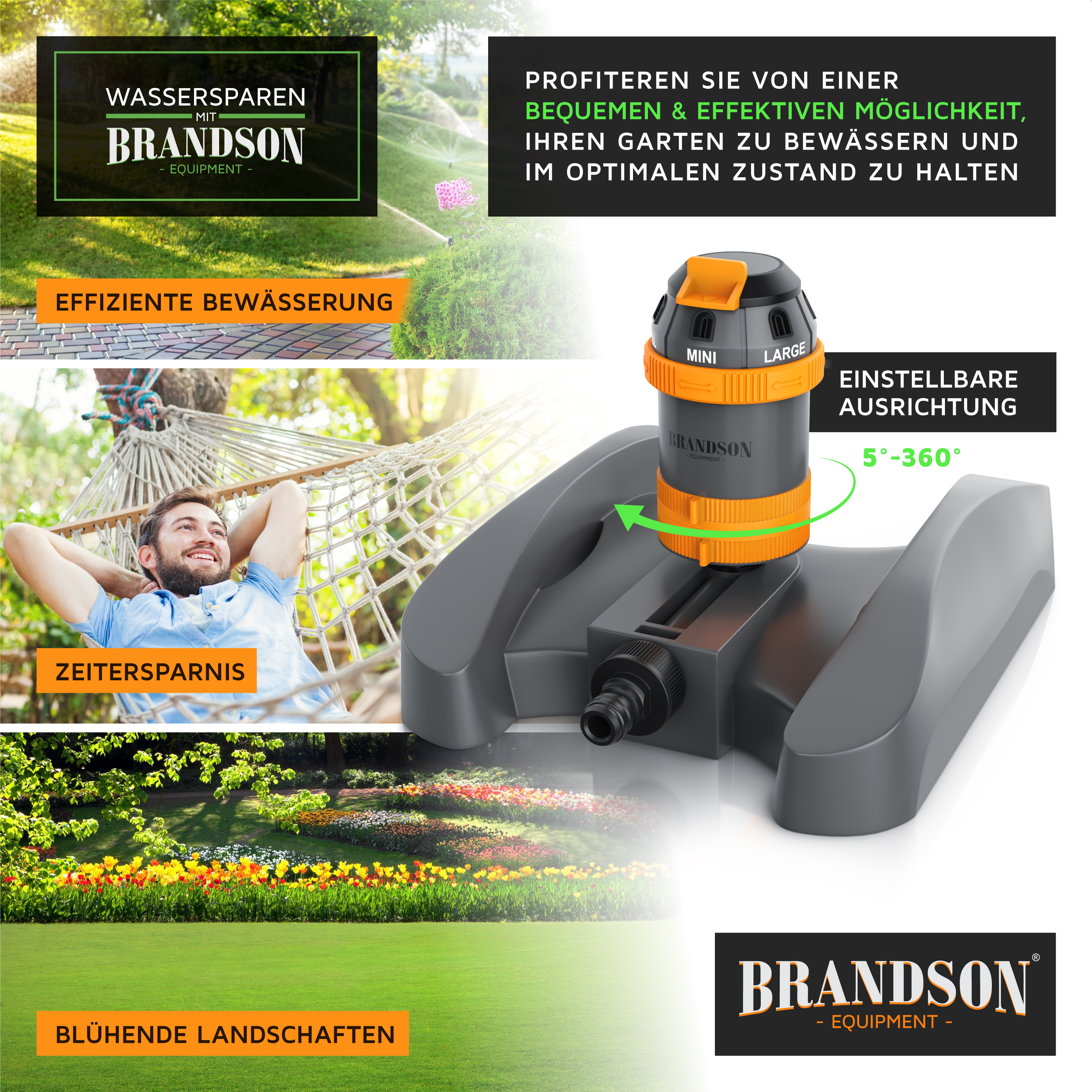 Brandson Bewässerungssystem mit einstellbarer Ausrichtung, grauem Standfuß und orangefarbenen Akzenten für effiziente Gartenbewässerung.