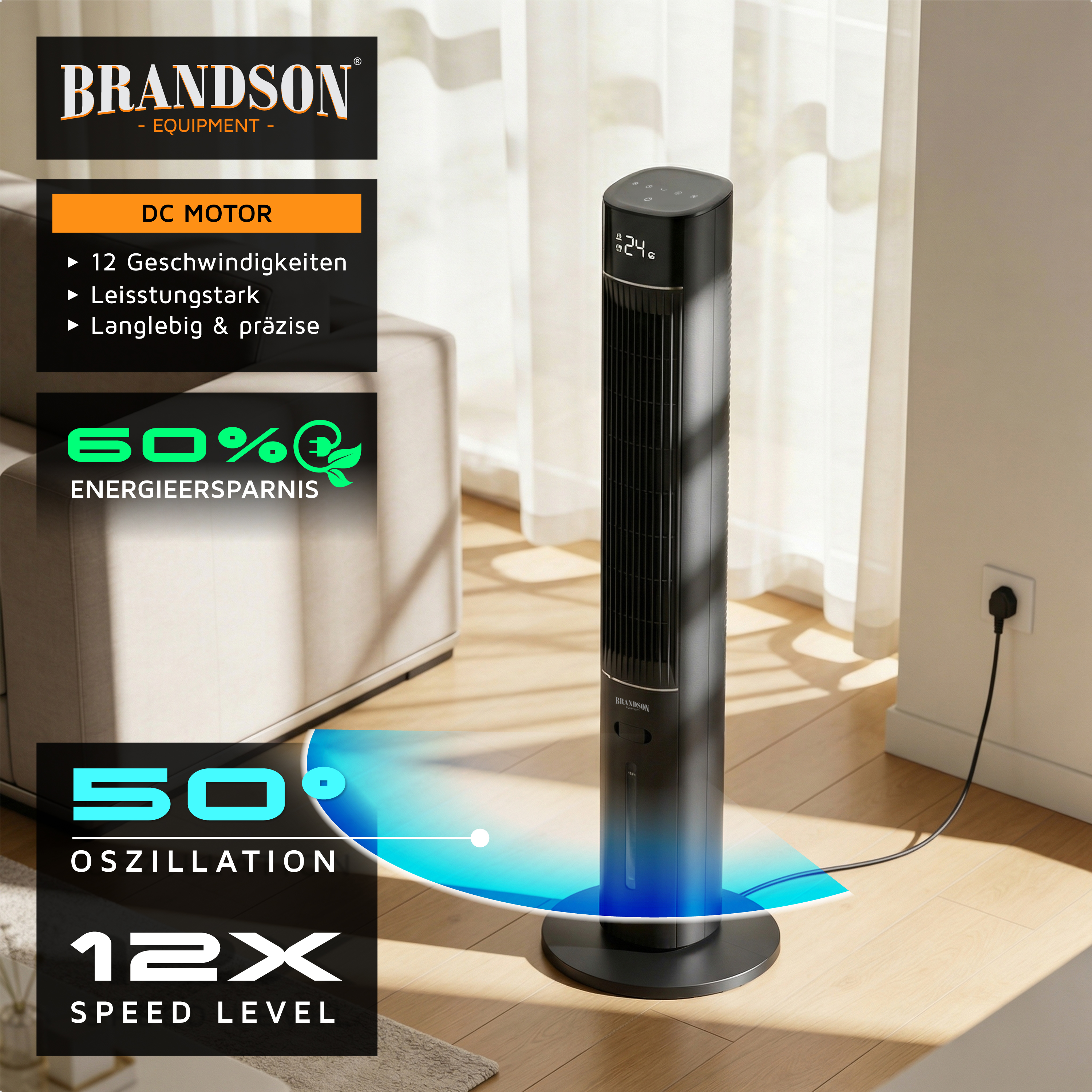 Brandson Turmventilator mit elegantem schwarzem Design, Digitalanzeige und stabilem Standfuß, positioniert in einem hellen Wohnzimmer.
