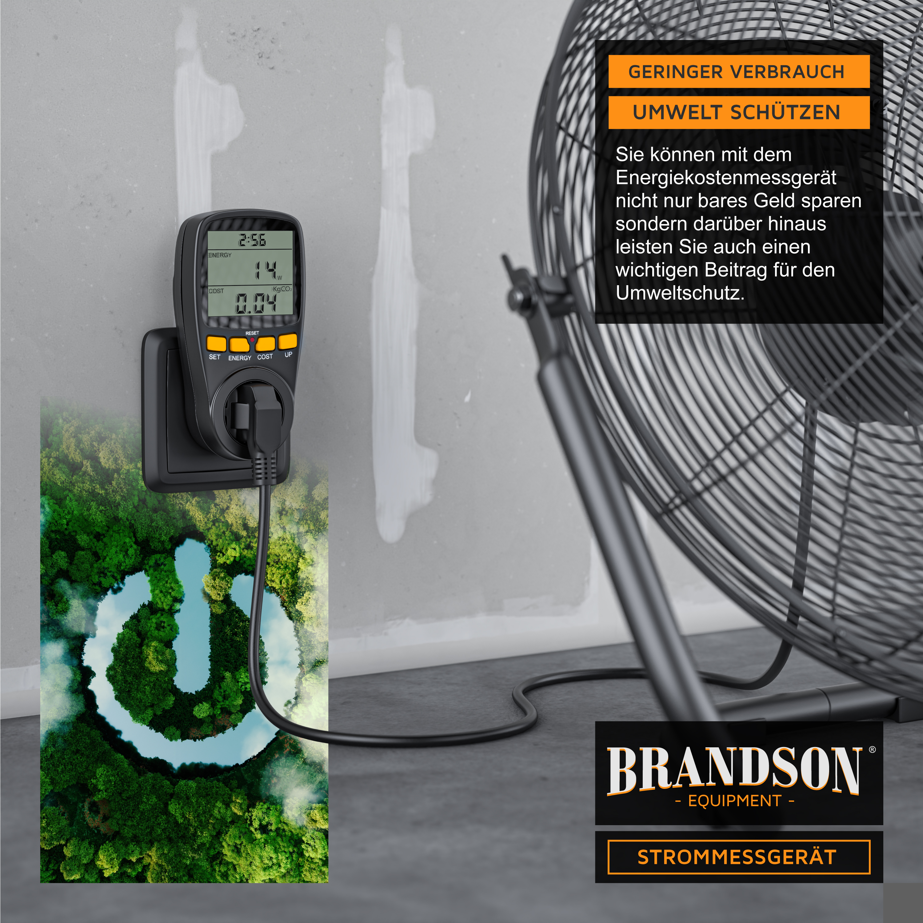 Brandson Energiekostenmessgerät mit digitaler Anzeige, angeschlossen an eine Stromquelle, zeigt Energieverbrauch und Kosteninformationen an.