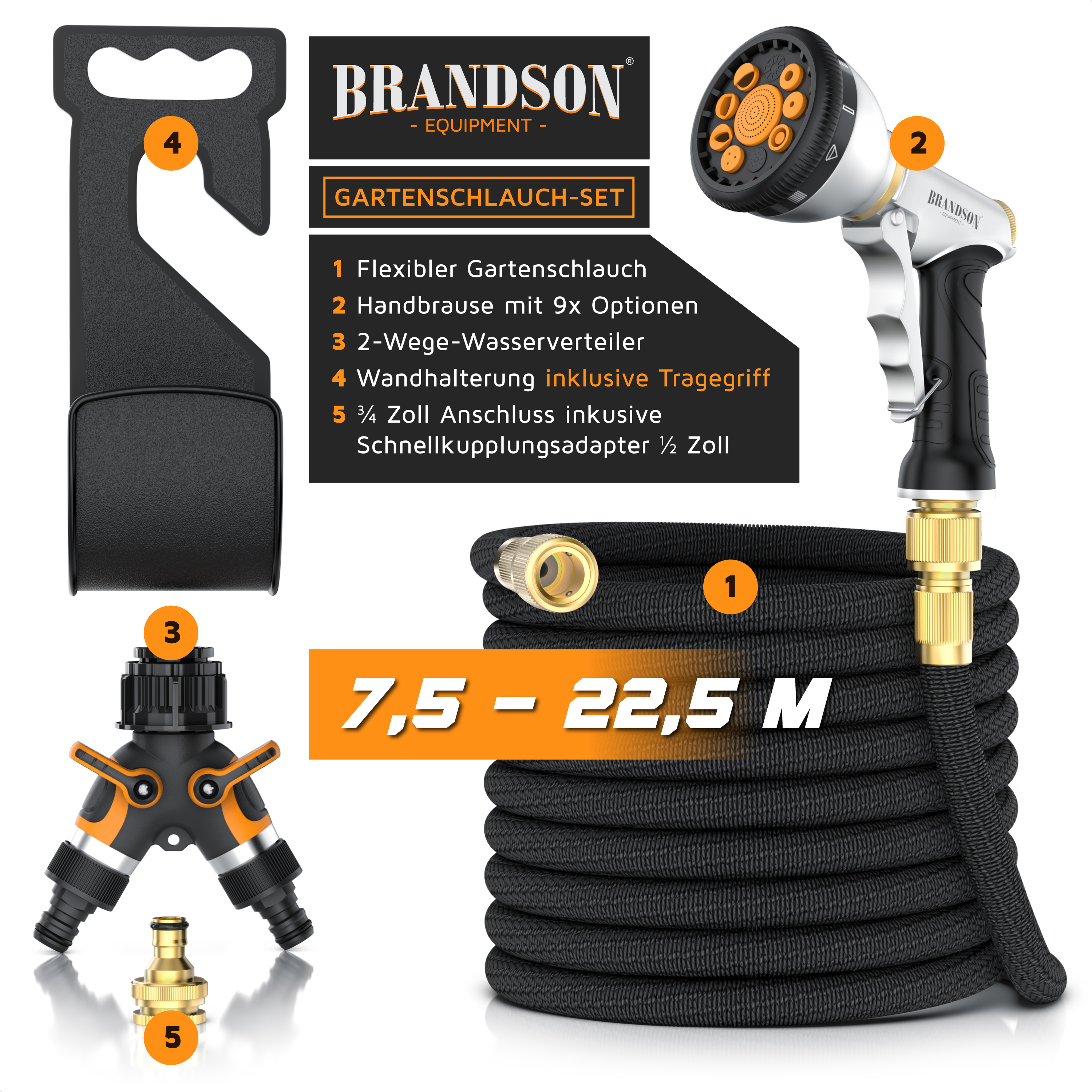 Gartenschlauch-Set von Brandson mit flexiblem Schlauch, Multifunktions-Sprühdüse, Zweiwege-Wasserverteiler und Wandhalter.