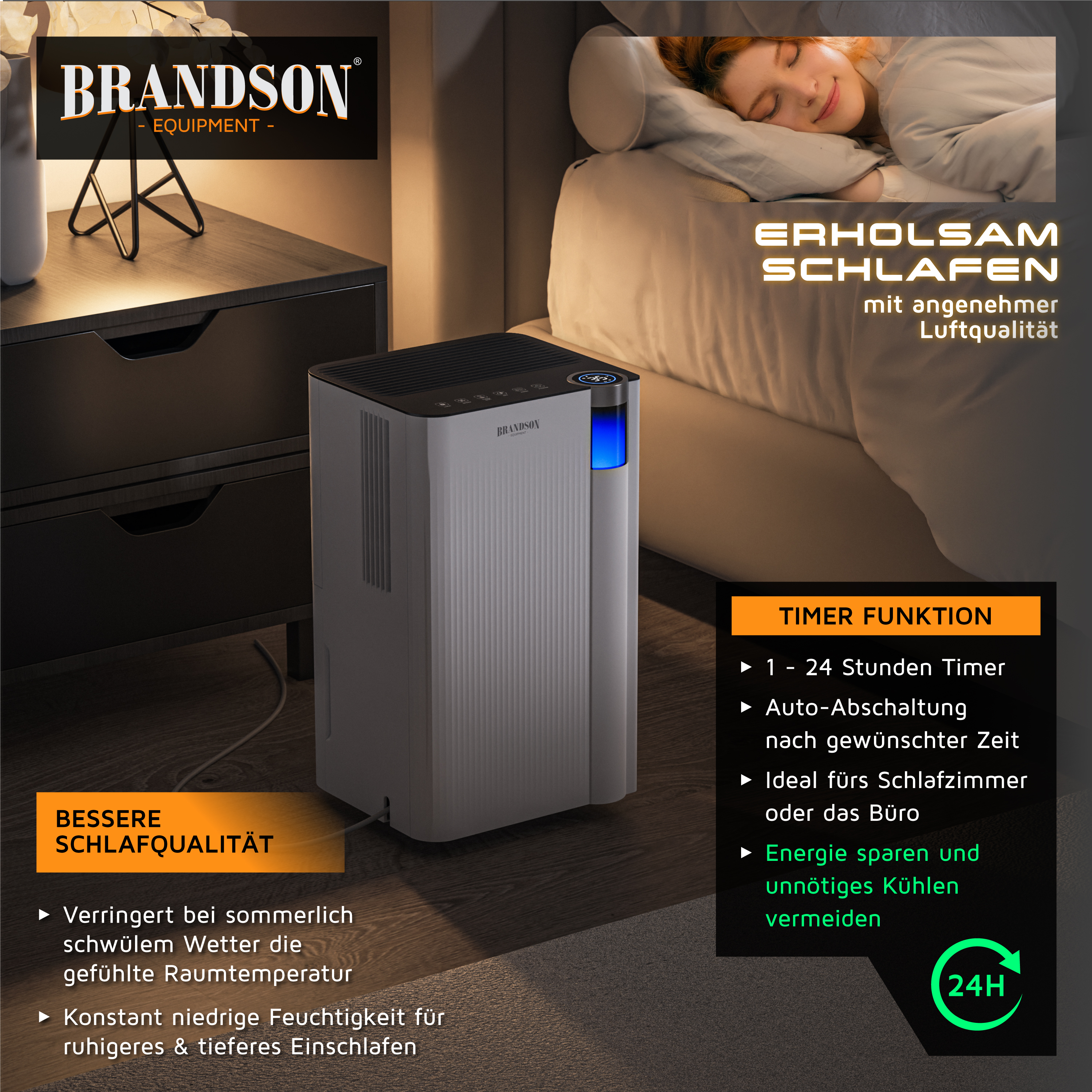 Brandson Luftentfeuchter in Weiß mit digitalem Display und blauer LED-Anzeige, ideal für Schlafzimmer oder Büro.