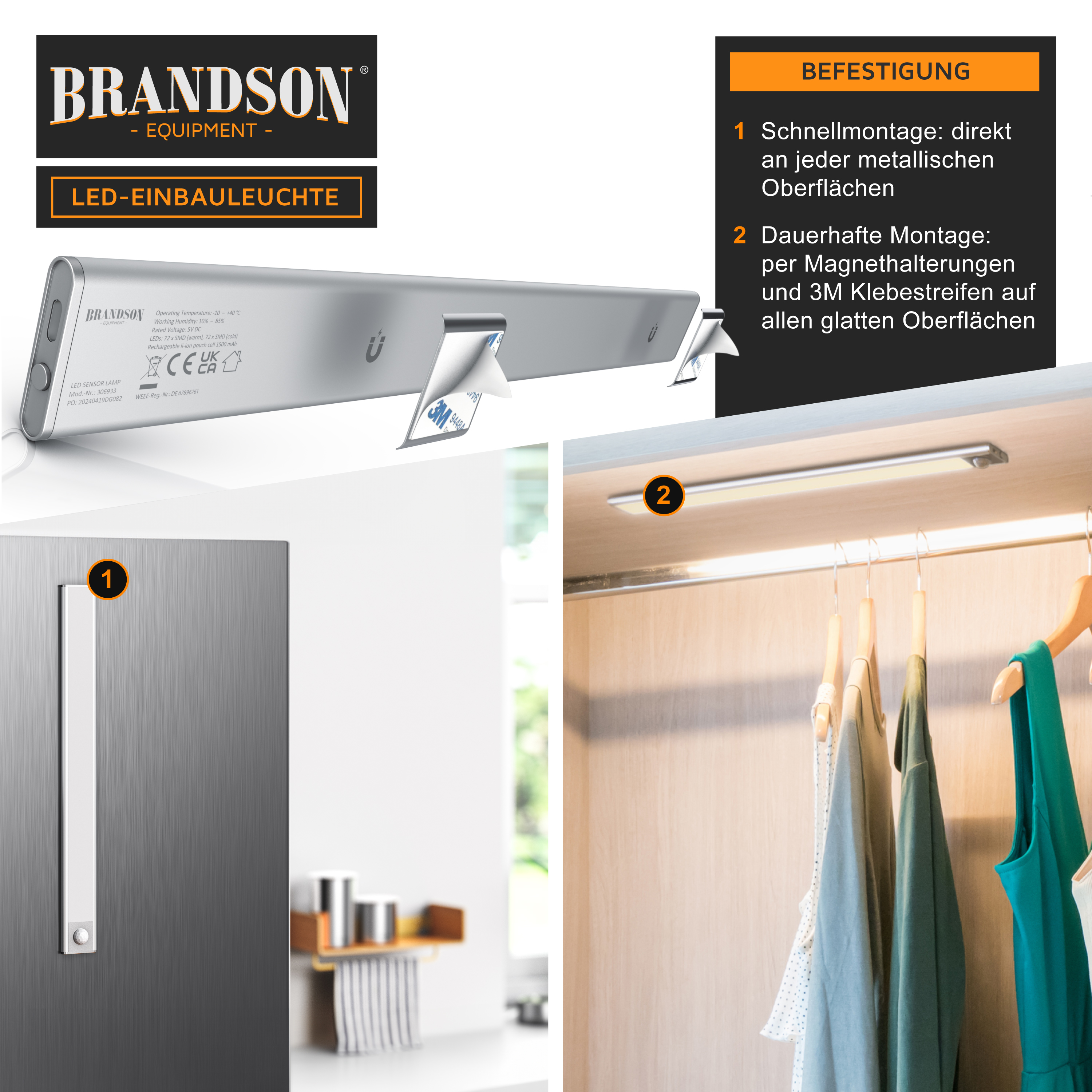 Brandson LED-Einbauleuchte in silberner Farbe mit Magnetbefestigung, ideal für den Einsatz in Schränken oder an metallischen Oberflächen.